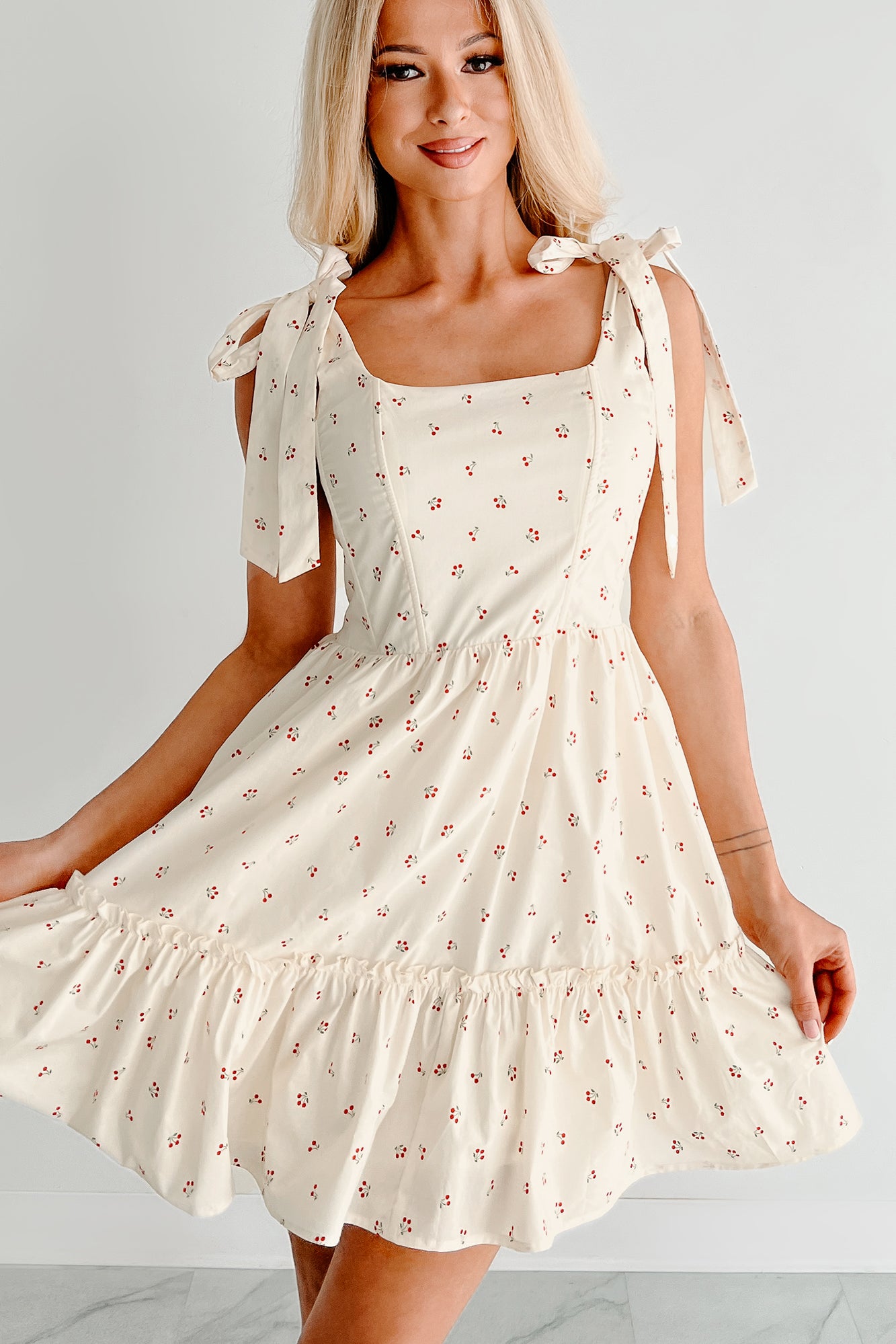 I'm All Yours Cherry Print Mini Dress (Cream)-The Formal Wear