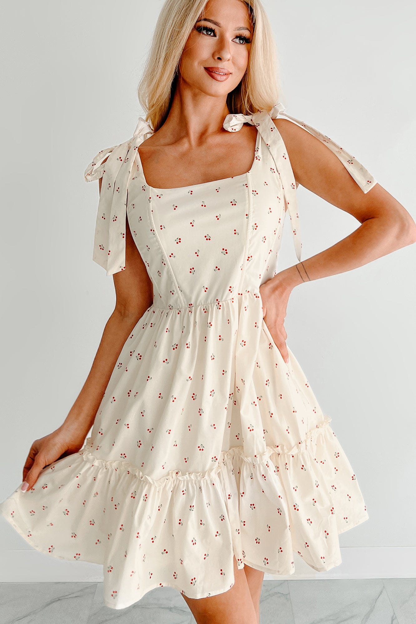 I'm All Yours Cherry Print Mini Dress (Cream)-The Formal Wear