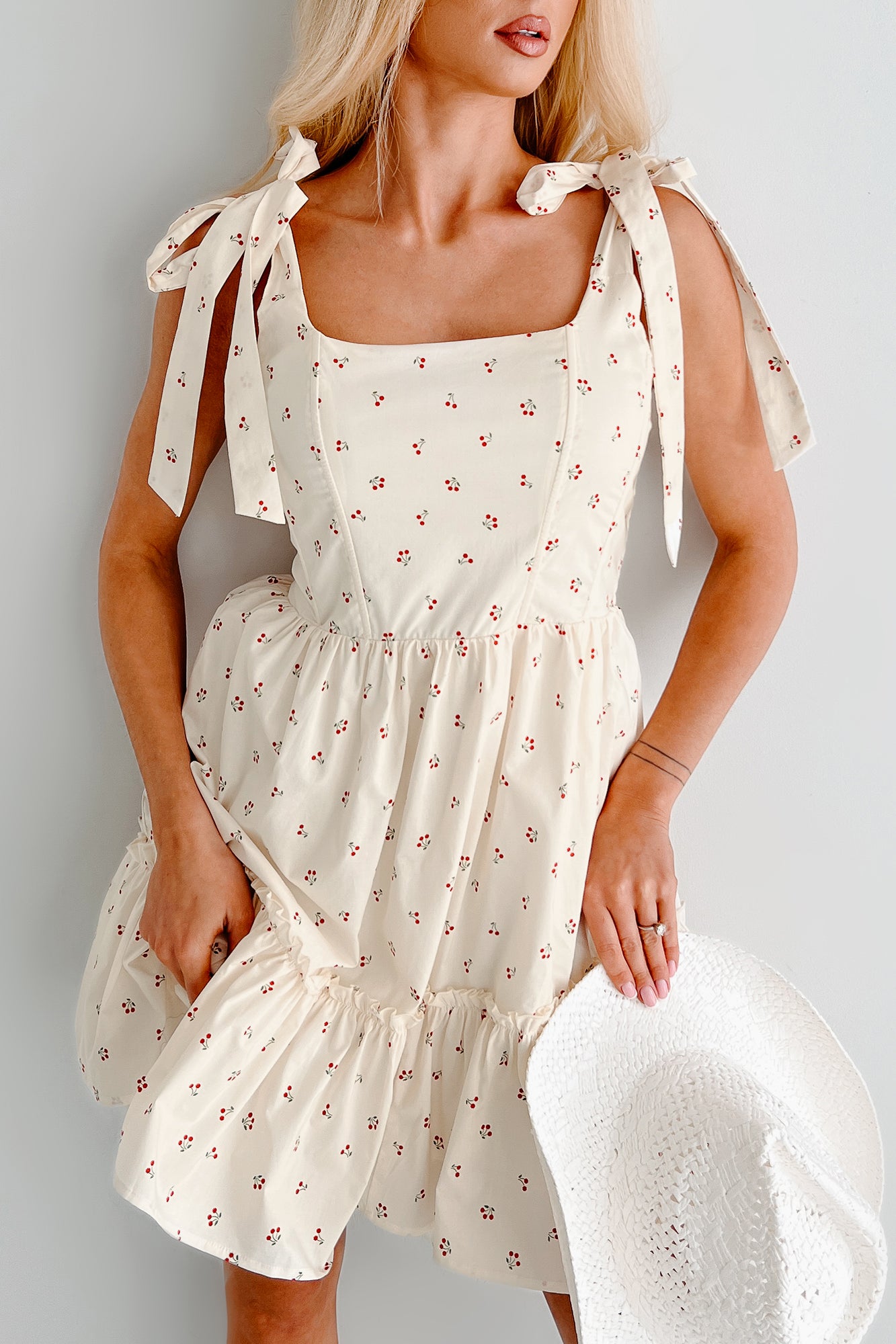 I'm All Yours Cherry Print Mini Dress (Cream)-The Formal Wear