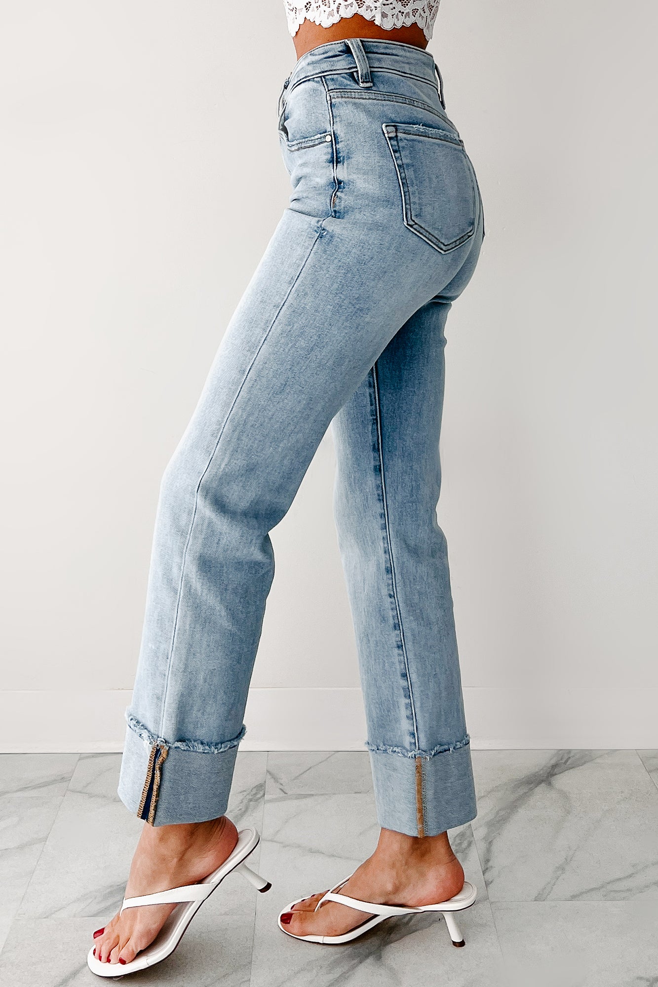 Aurora High Rise Straight Leg Cuffed Risen Jeans (Light)-The Formal Wear