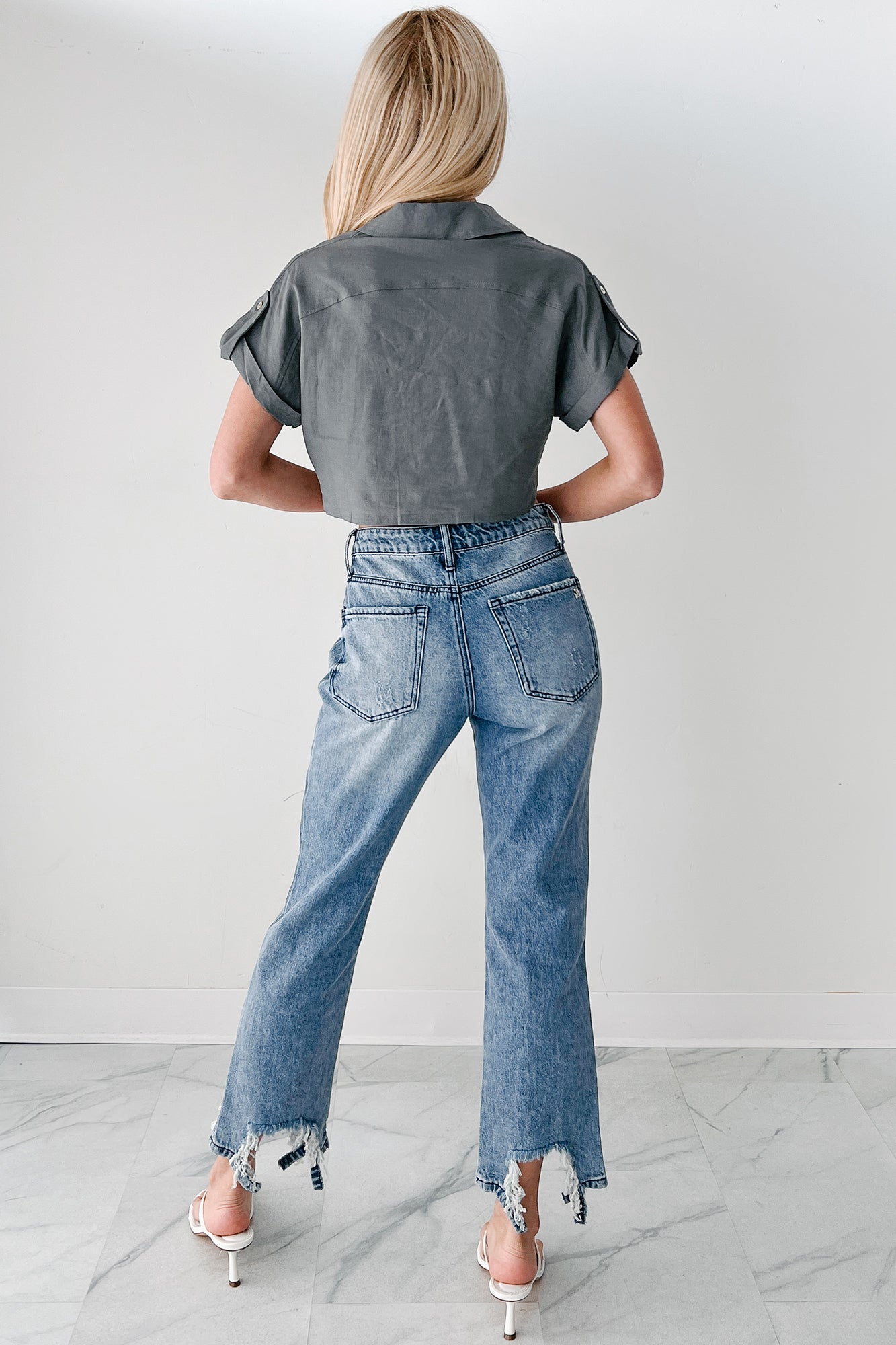 City Love Short Sleeve Button-Up Crop Top (Charcoal)-The Formal Wear