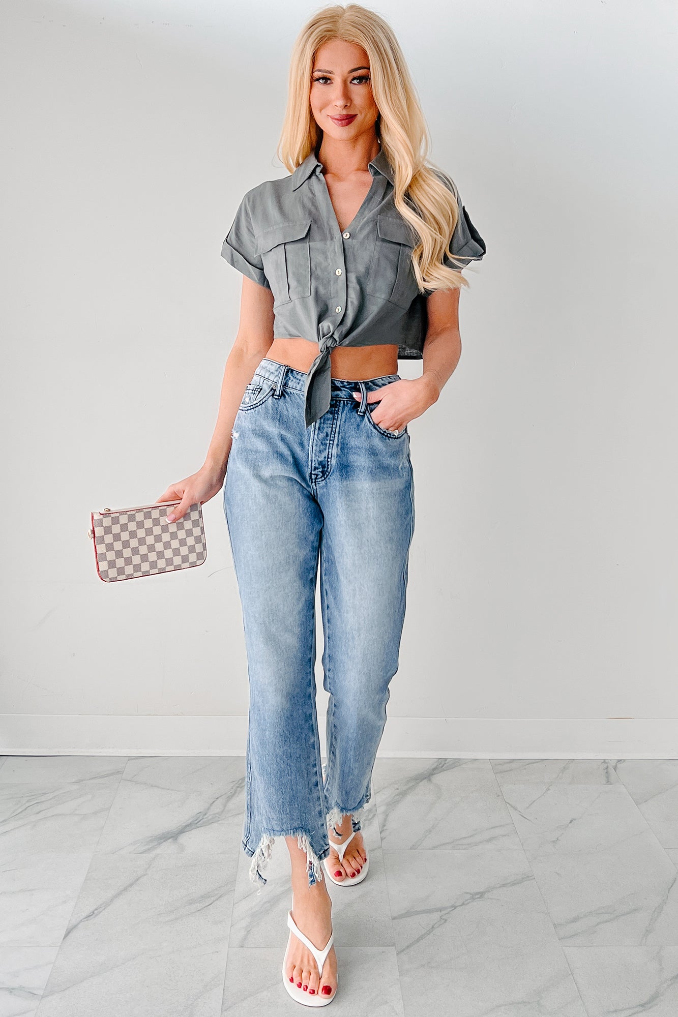 City Love Short Sleeve Button-Up Crop Top (Charcoal)-The Formal Wear