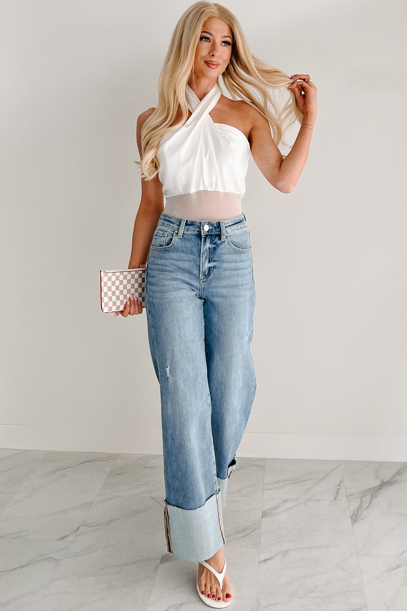 Sleek Simplicity Satin Mesh Halter Bodysuit (White)-The Formal Wear