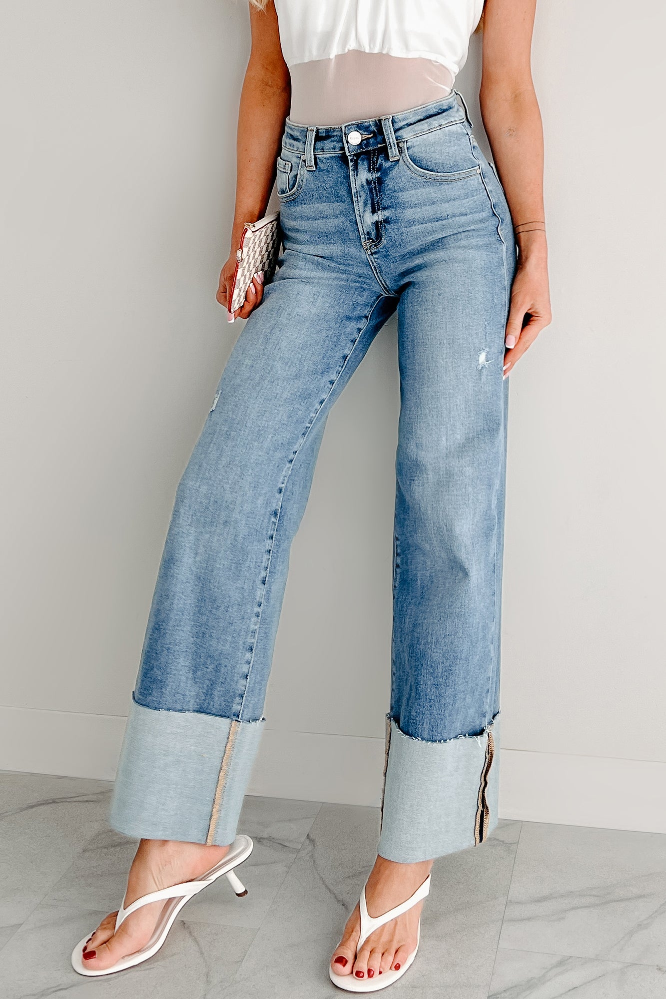 Myla Wide Leg Cuffed Distressed Risen Jeans (Medium)-The Formal Wear