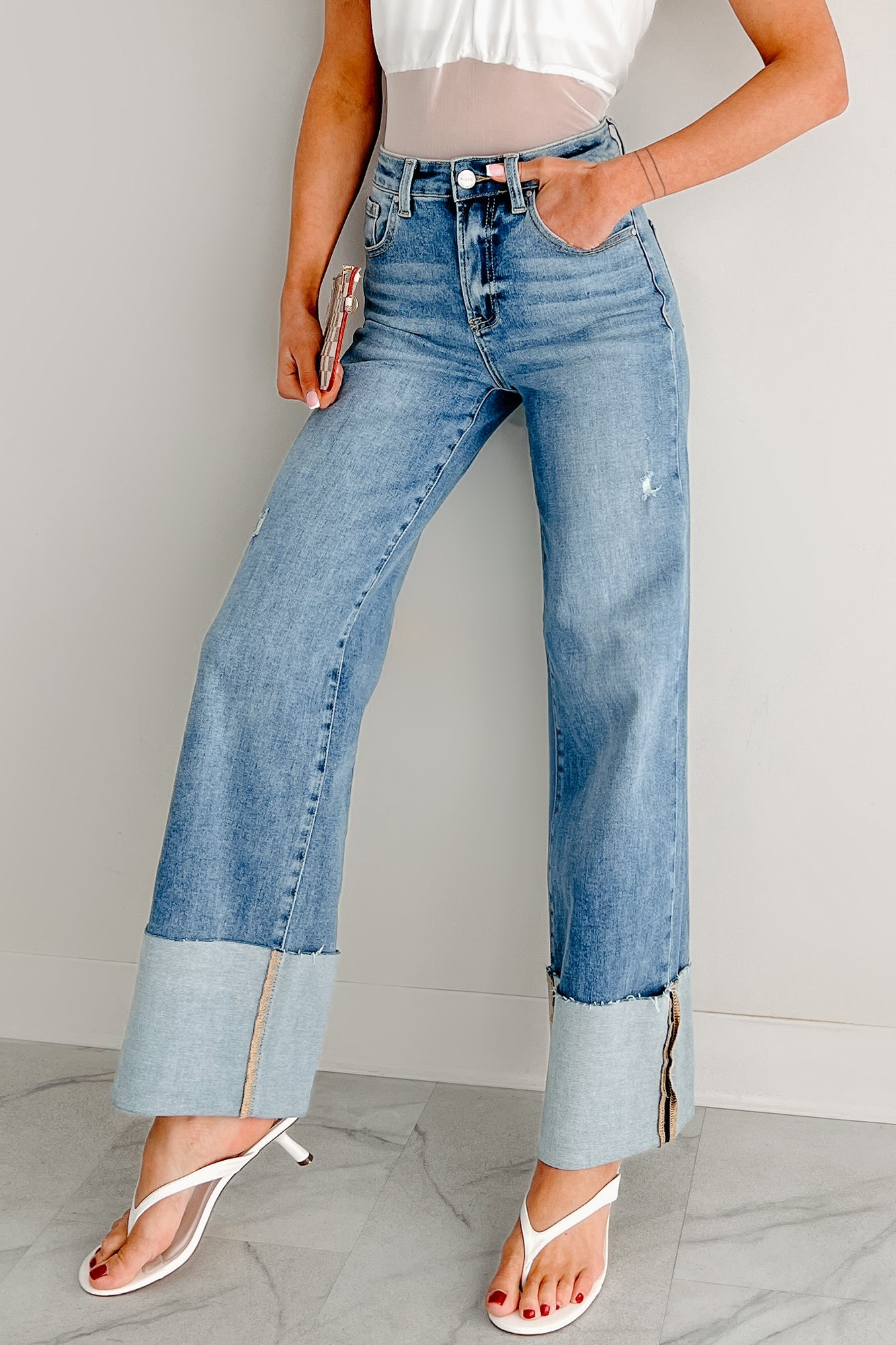 Myla Wide Leg Cuffed Distressed Risen Jeans (Medium)-The Formal Wear