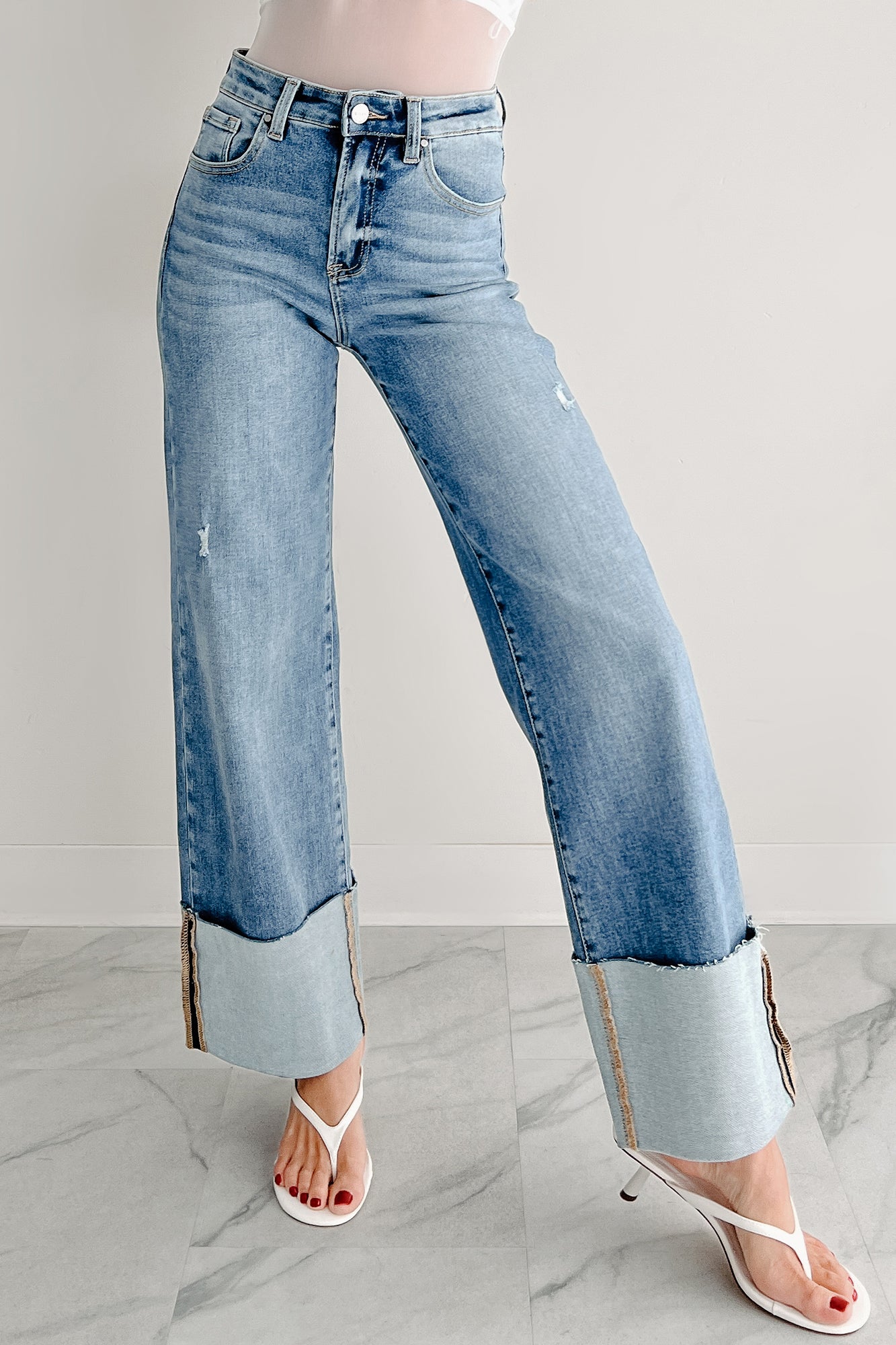 Myla Wide Leg Cuffed Distressed Risen Jeans (Medium)-The Formal Wear