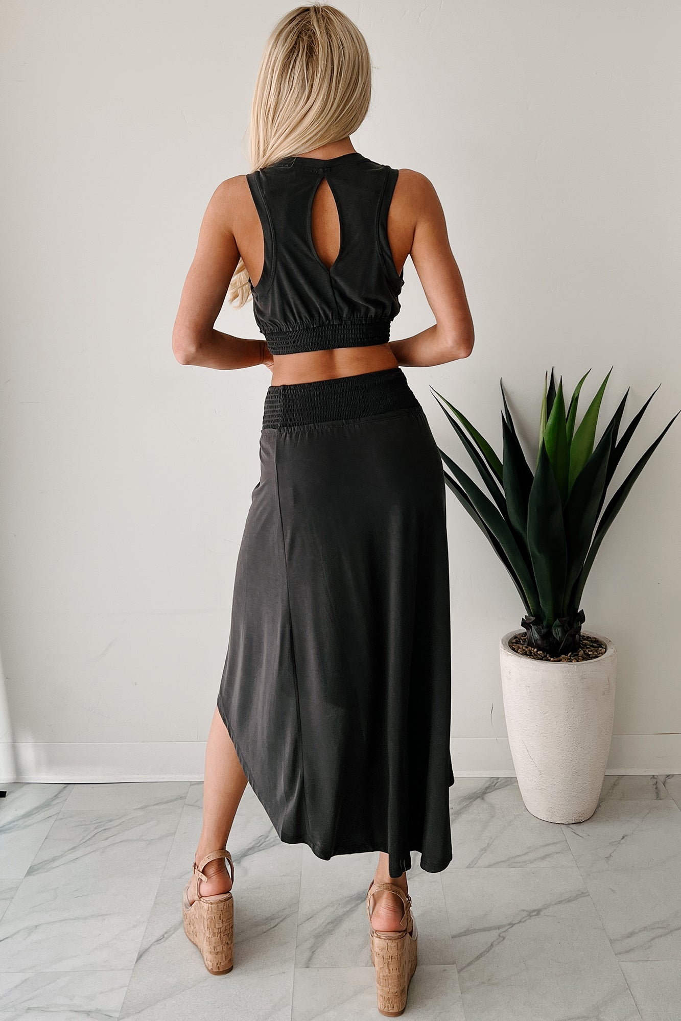 Bringing The Heat Smocked Hem Crop Top (Black)-The Formal Wear