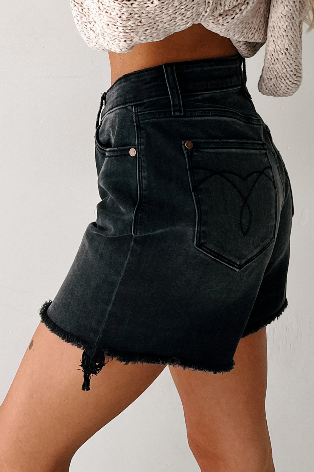 Rhysand Mid Rise Judy Blue Cut Off Dad Shorts (Black)-The Formal Wear