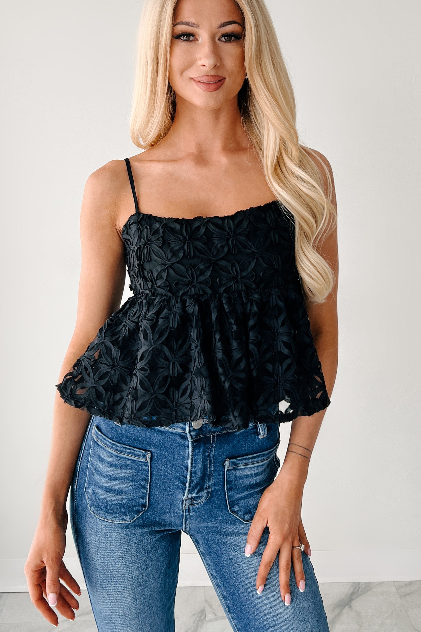 Modern Icon Textured Floral Babydoll Tank (Black)-The Formal Wear