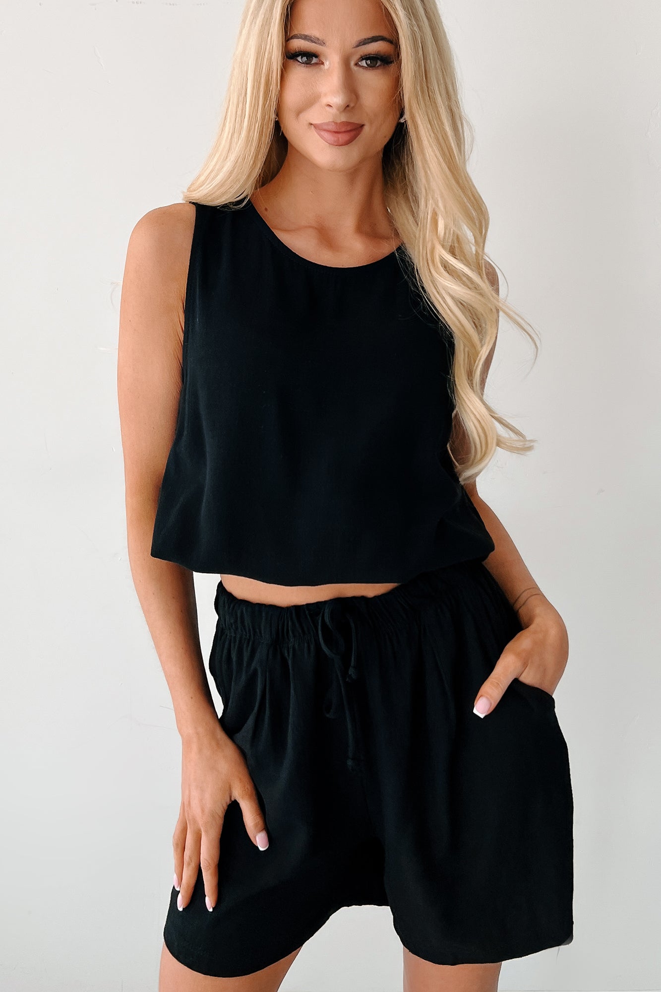 Earth Moments Sleeveless Linen Drawstring Top (Black)-The Formal Wear