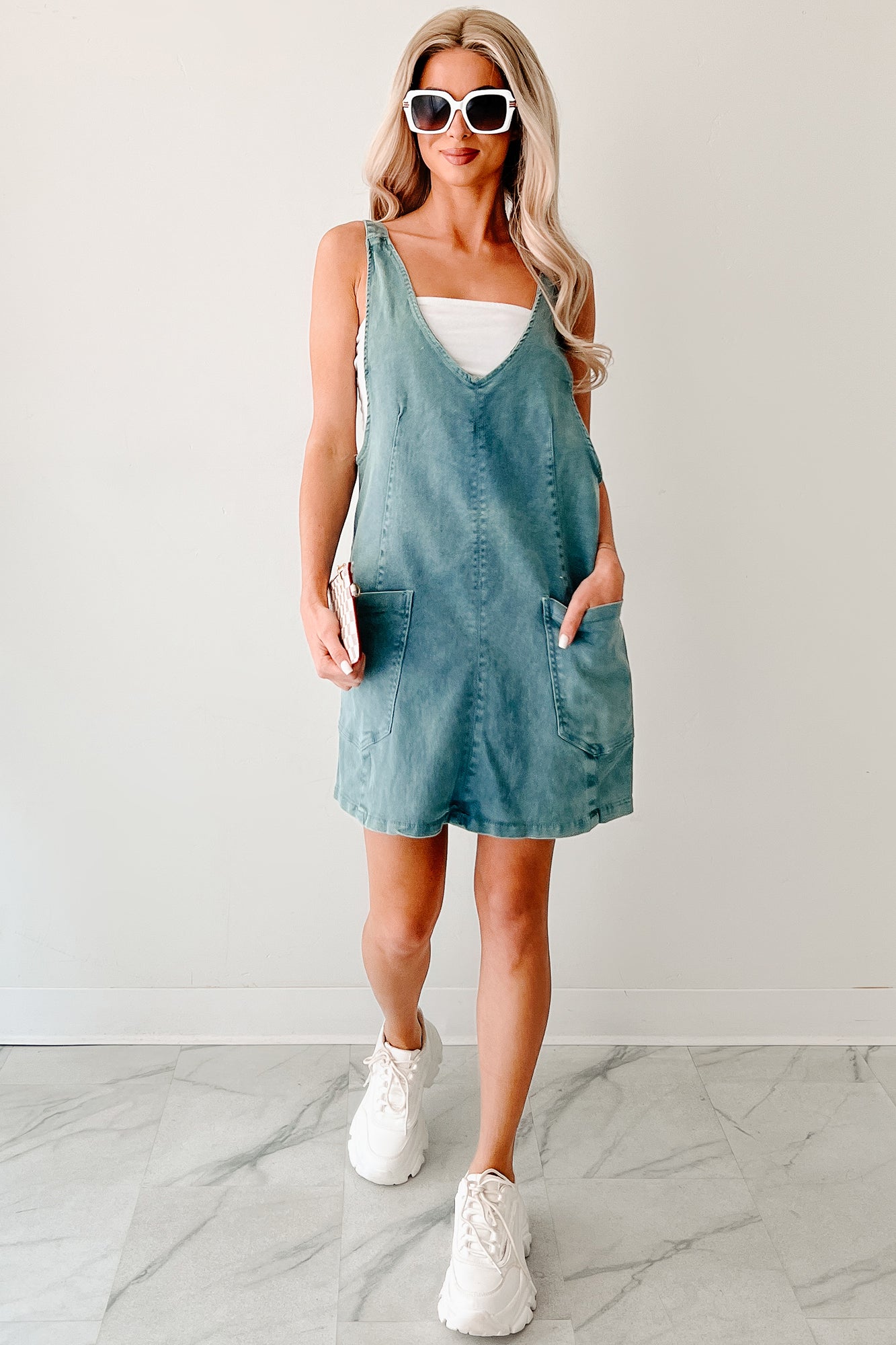 Living Steady Denim Overall Dress (Teal)-The Formal Wear