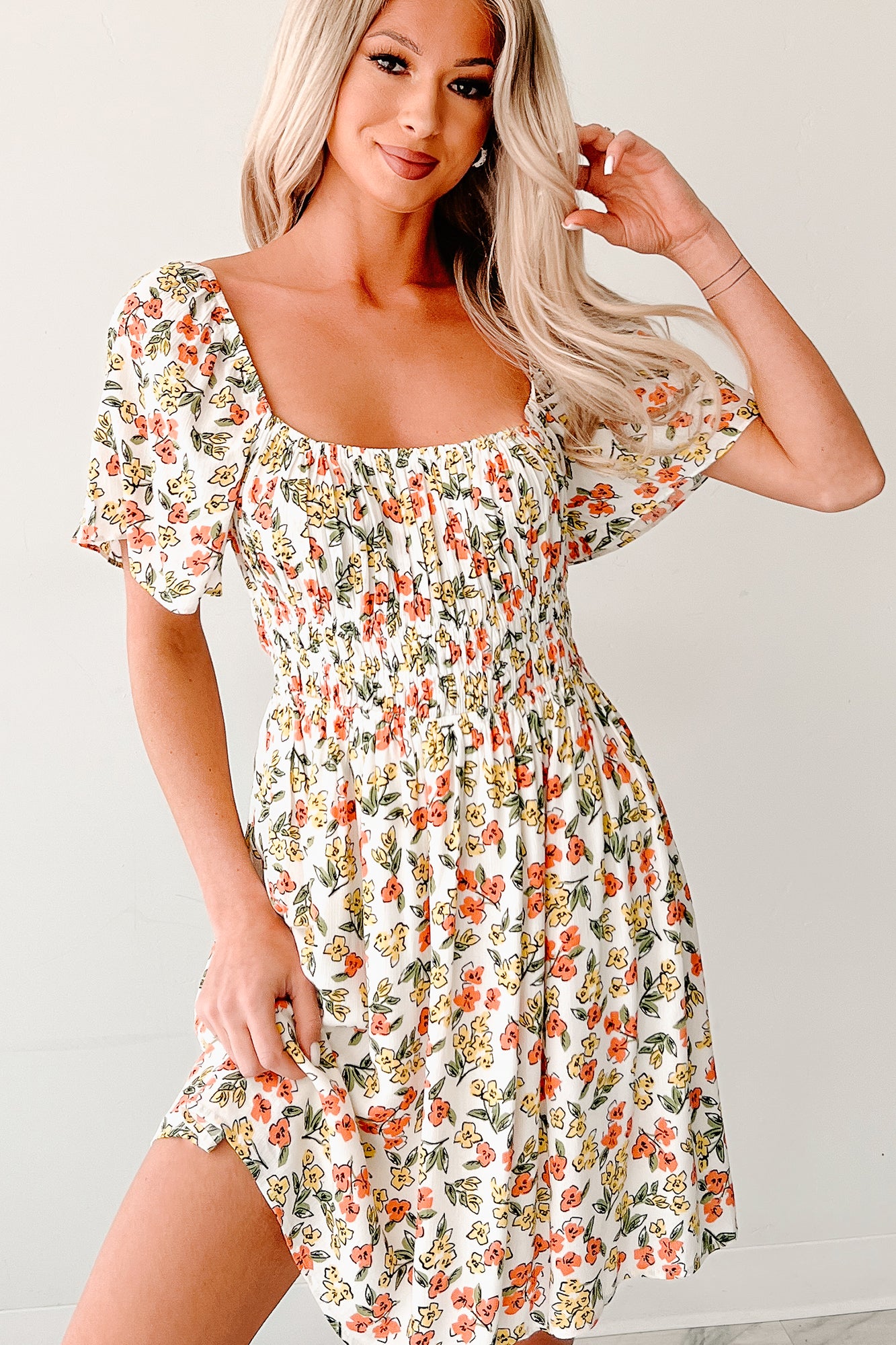 Pink Skies Floral Mini Dress (Cream)-The Formal Wear