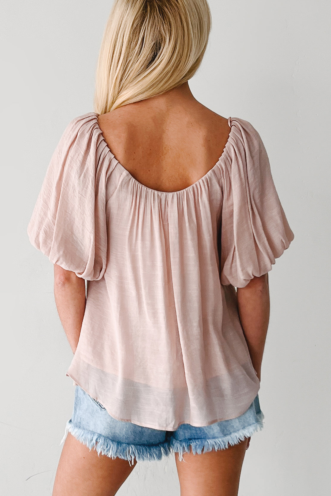 Sassy Smiles Flowy Puff Sleeve Blouse (Blush)-The Formal Wear