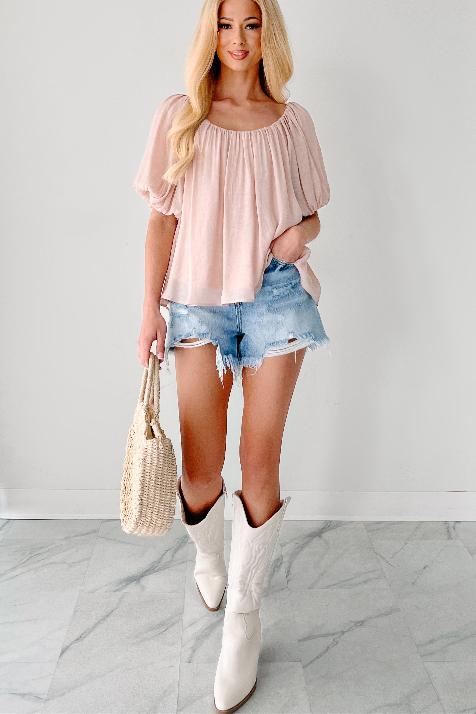 Sassy Smiles Flowy Puff Sleeve Blouse (Blush)-The Formal Wear