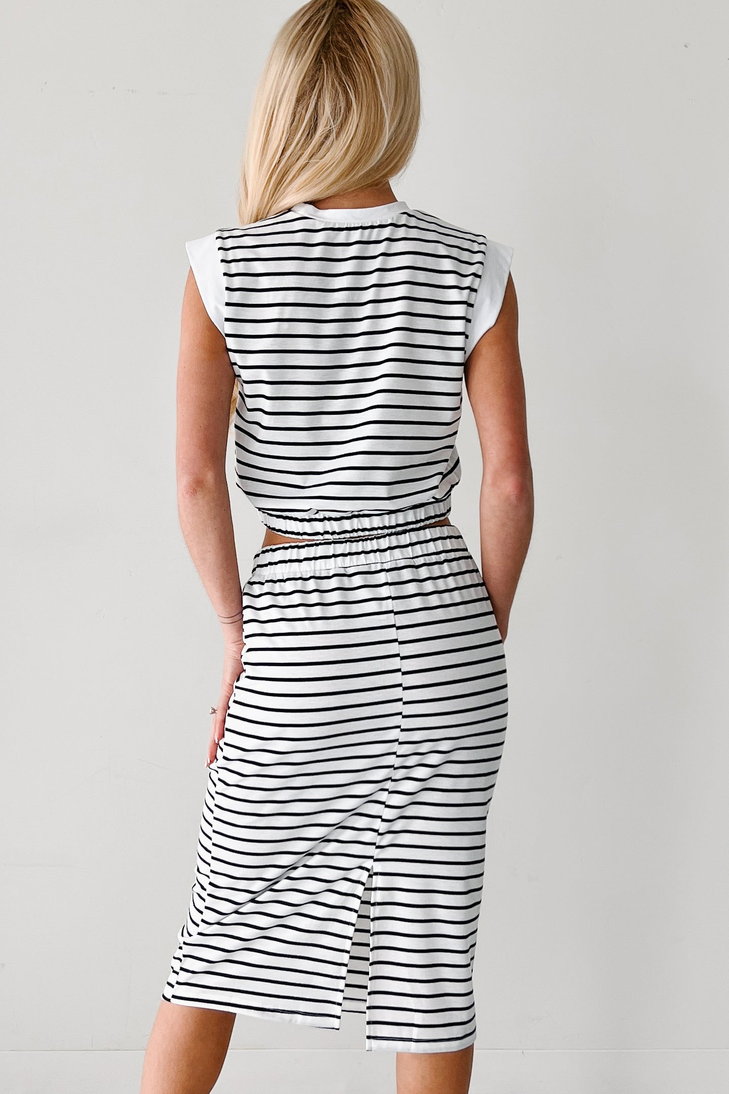 Simple Vibes Striped Top & Skirt Set (White)-The Formal Wear