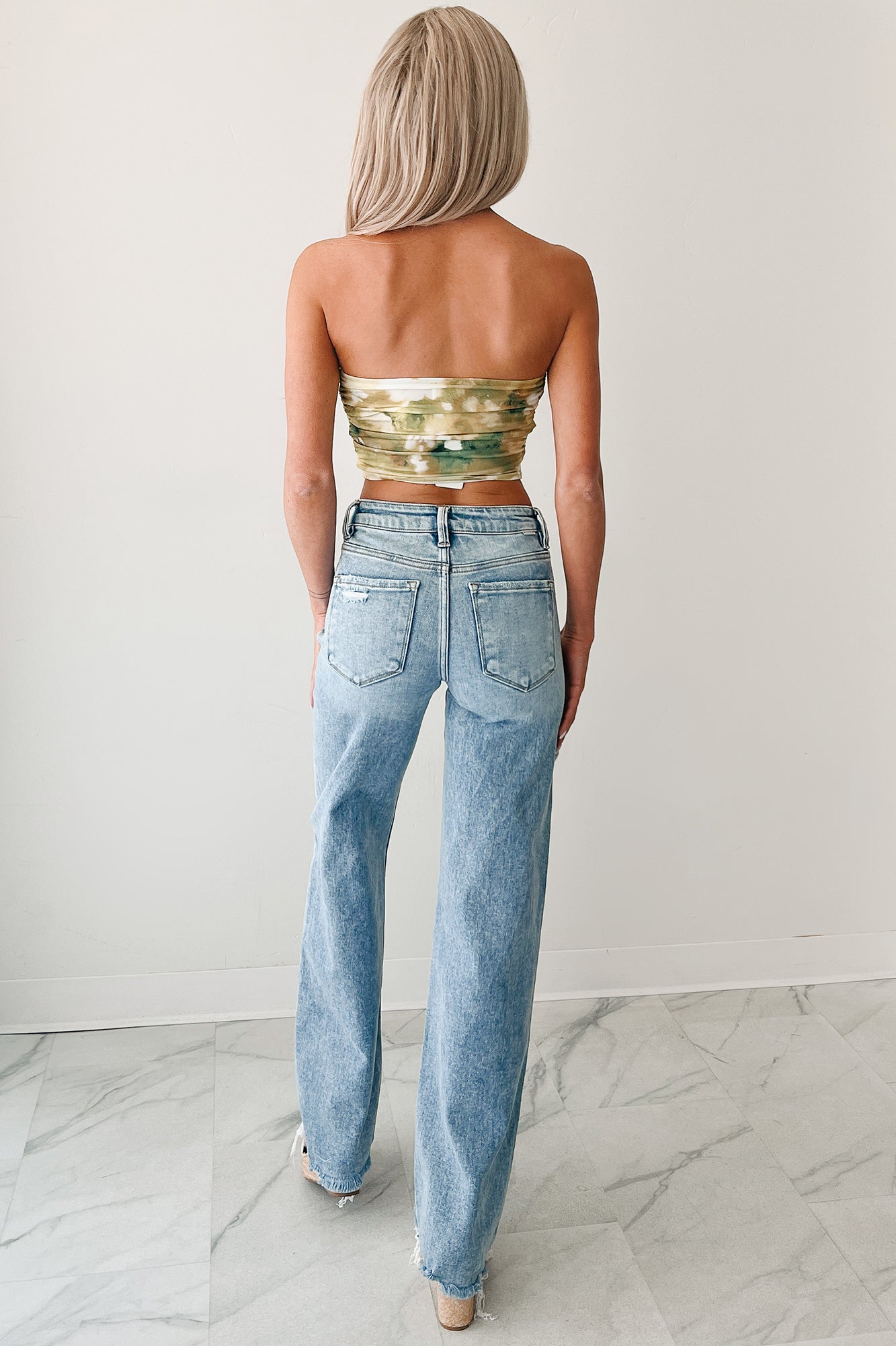 A Little Extra Strapless Ruched Crop Top (Sage/Multi)-The Formal Wear