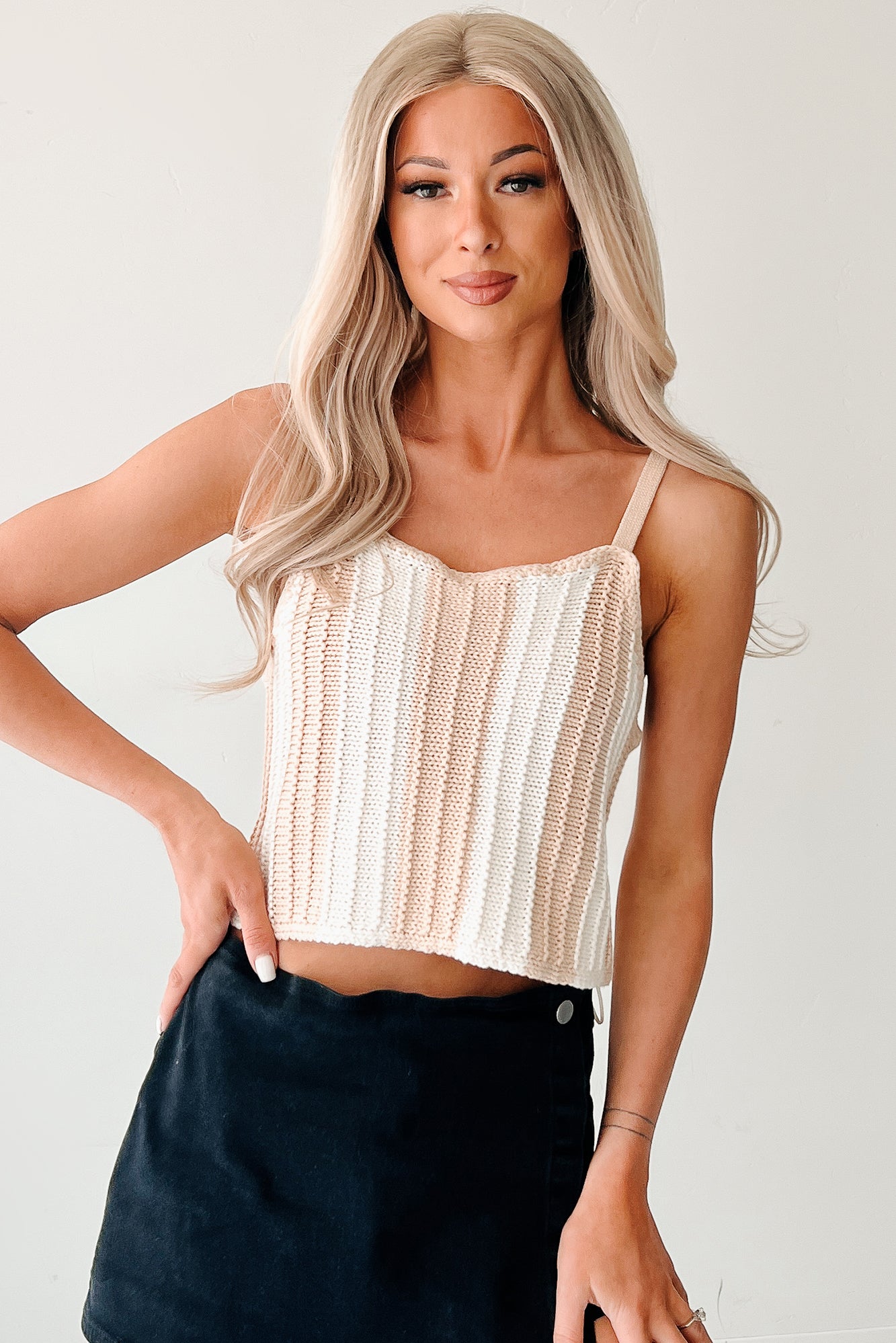 Electric Attraction Striped Crochet Tank Top (Taupe)-The Formal Wear