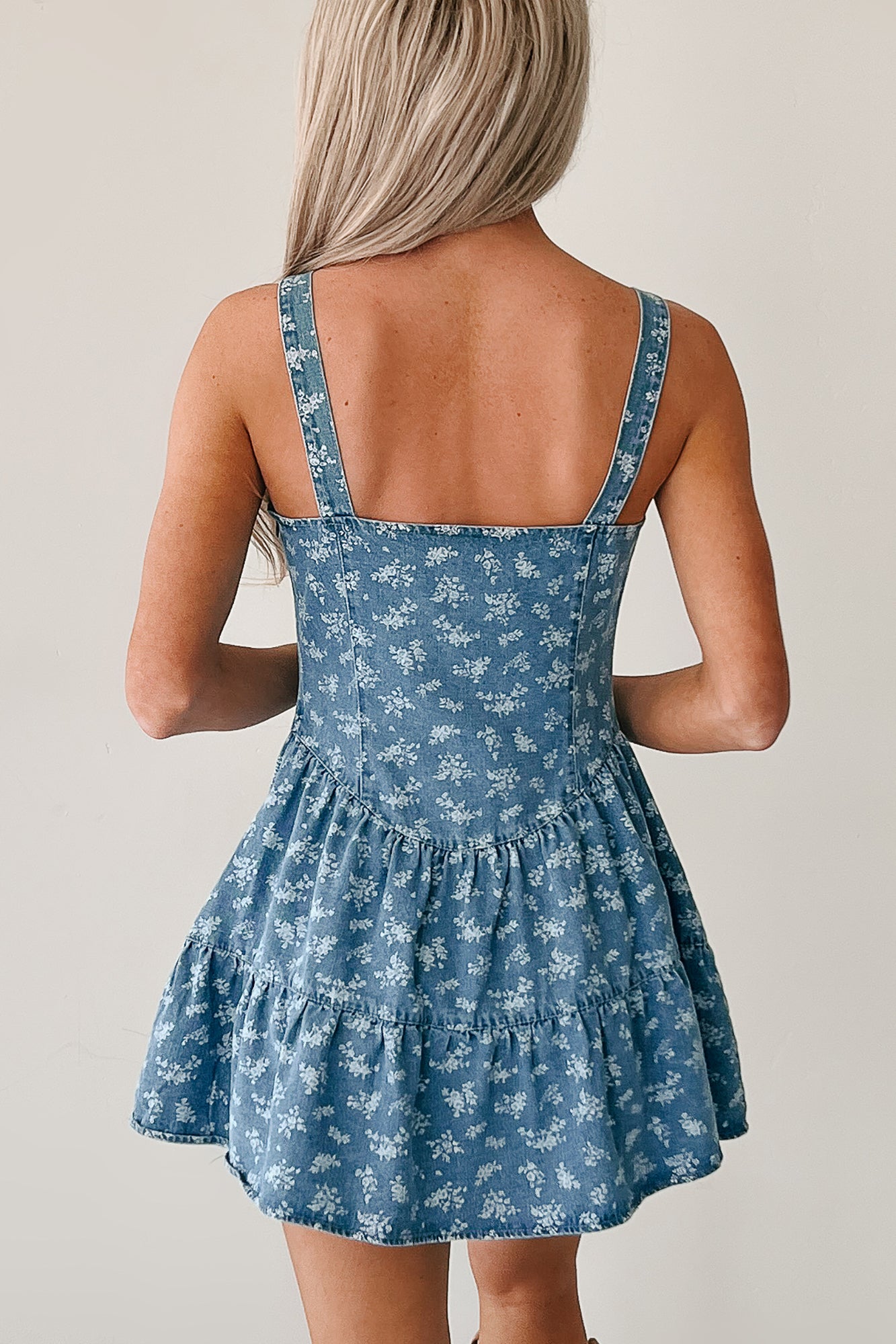 Tulip Season Sleeveless Floral Mini Dress (Denim)-The Formal Wear