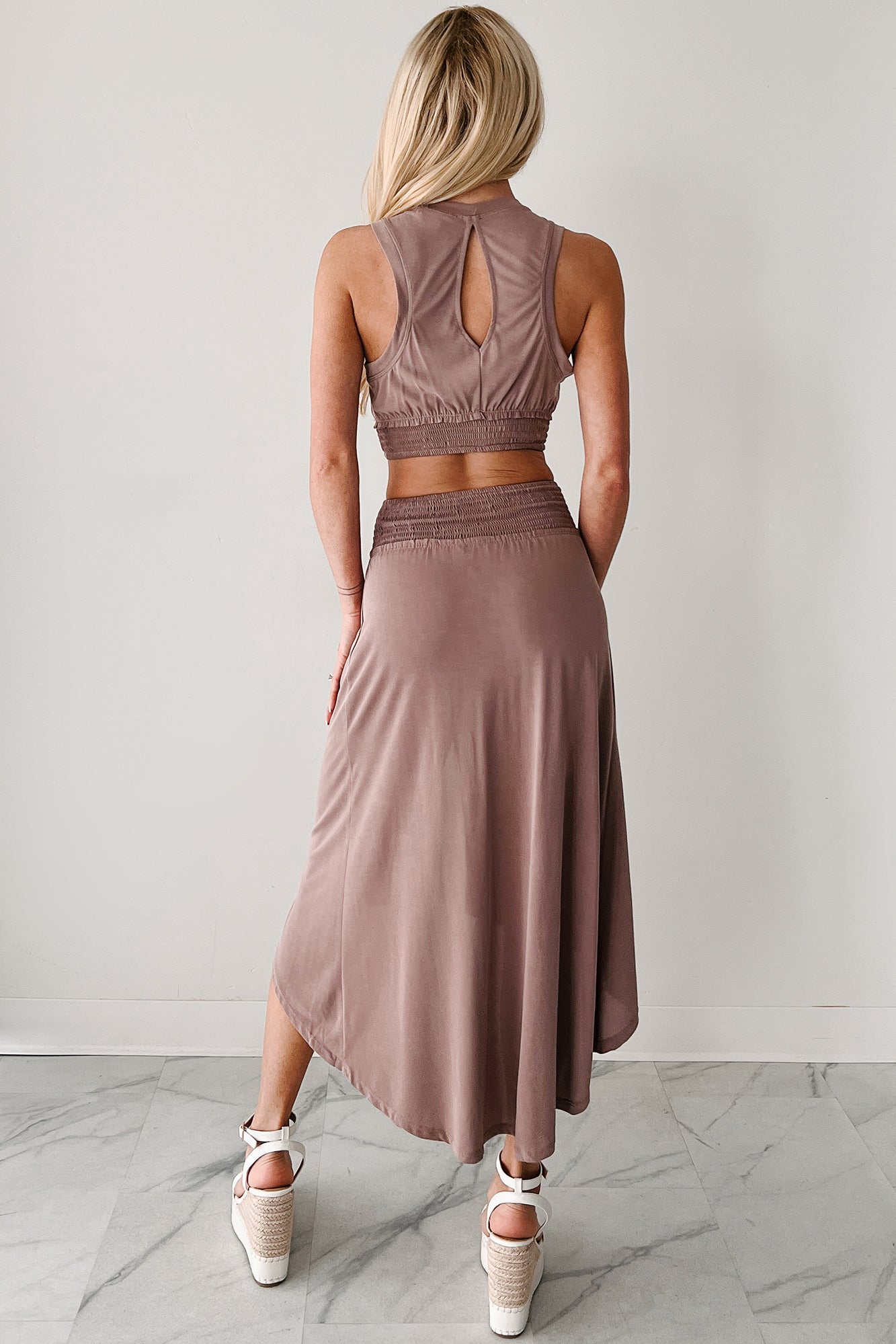 Bringing The Heat Smocked Hem Crop Top (Dark Taupe)-The Formal Wear