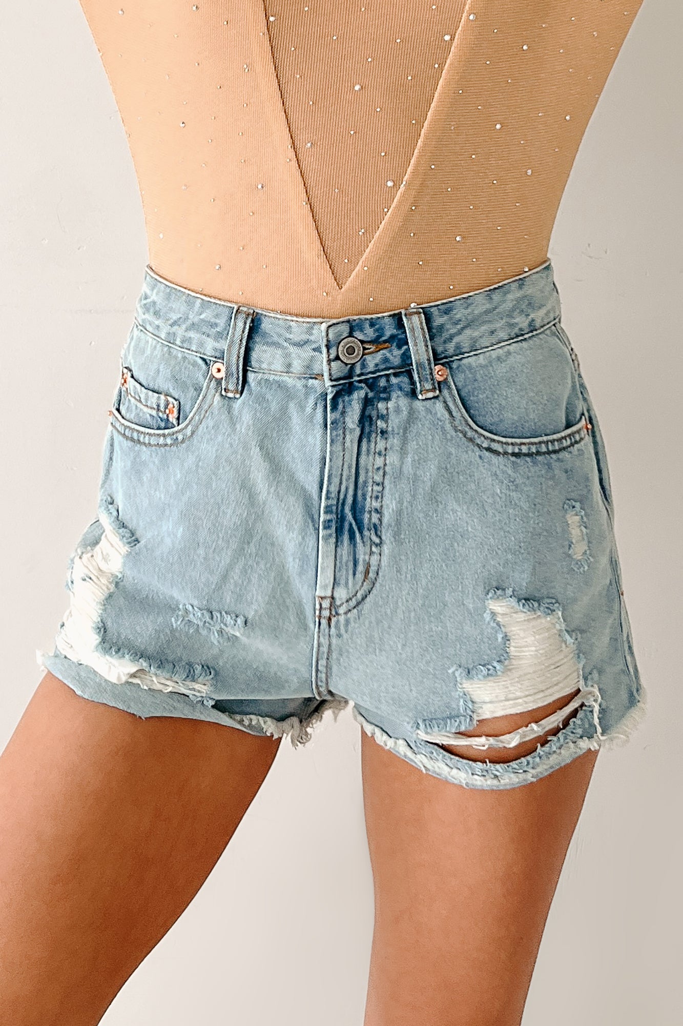 Ingrid High Rise Distressed Denim Shorts (Light)-The Formal Wear