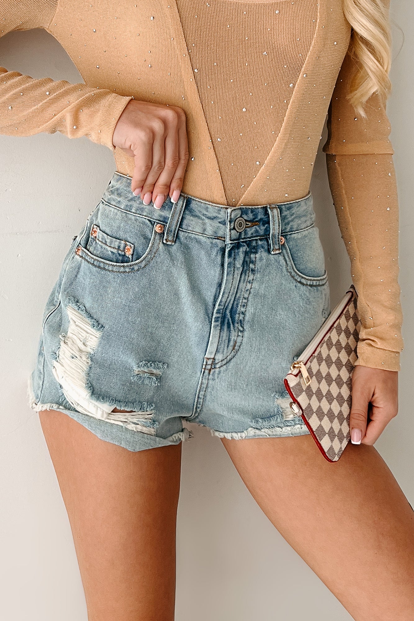 Ingrid High Rise Distressed Denim Shorts (Light)-The Formal Wear