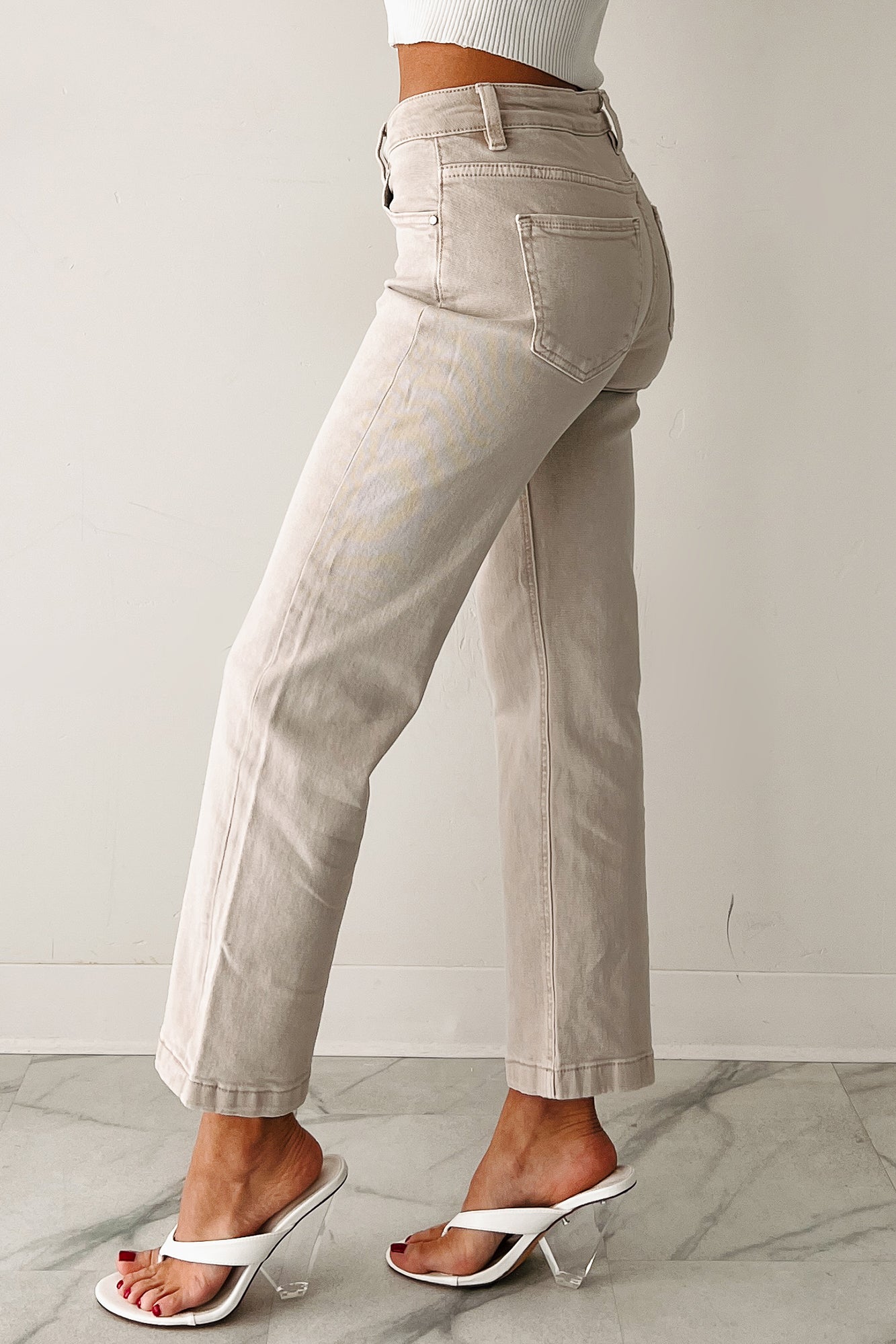 Manny Mid Rise Tummy Control Ankle Straight Risen Jeans (Almond)-The Formal Wear