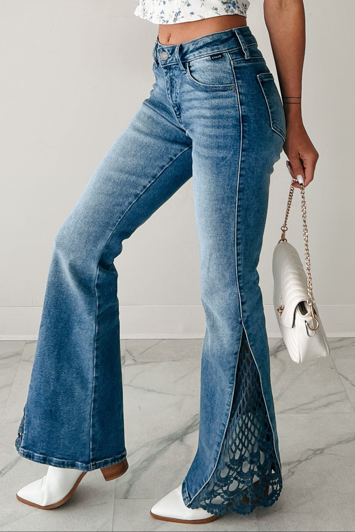 Zelda Mid Rise Crochet Flare Cello Jeans (Medium)-The Formal Wear