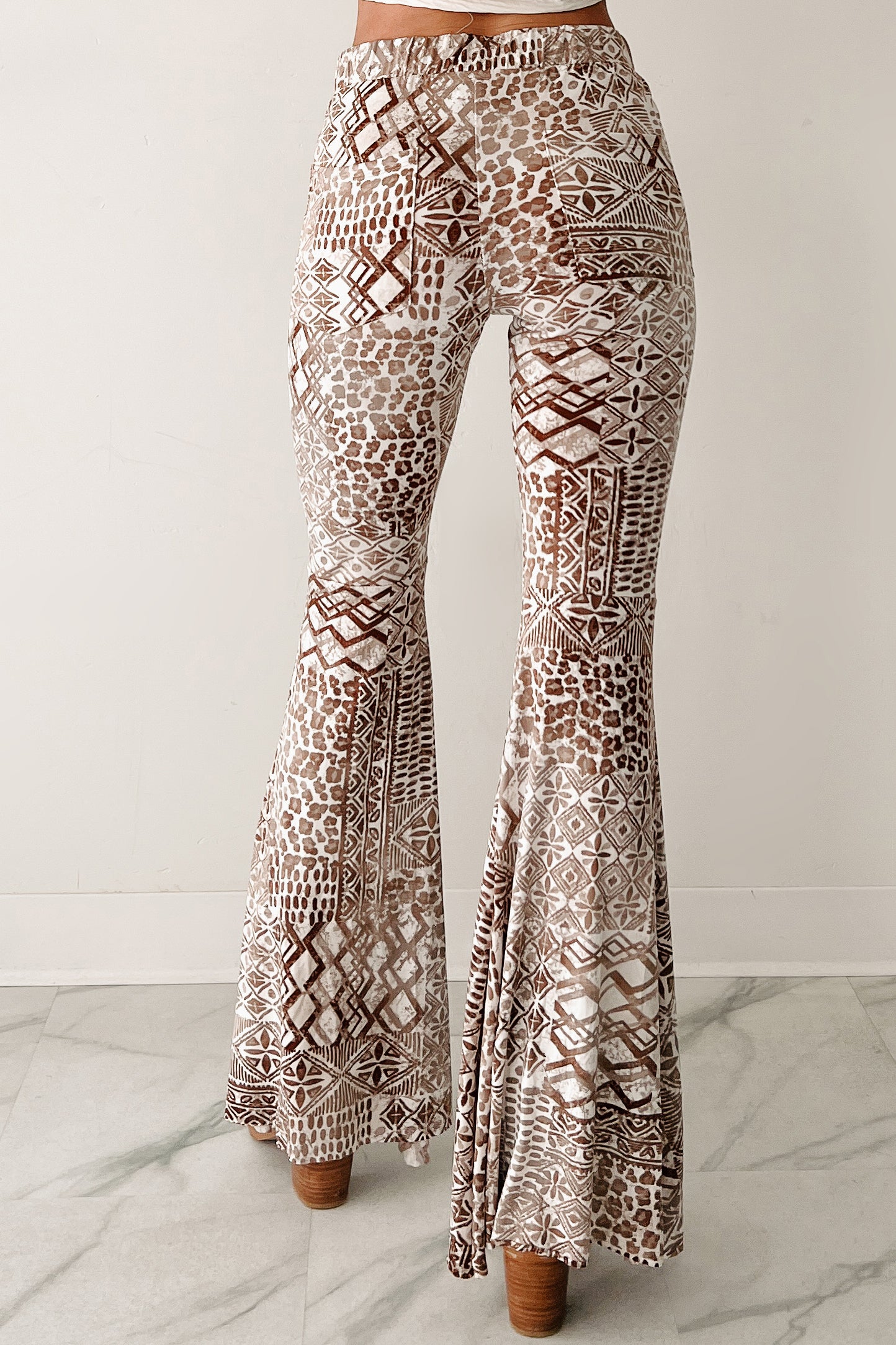 Cozy Bliss High Rise Flare Geometric Pants (Taupe)-The Formal Wear