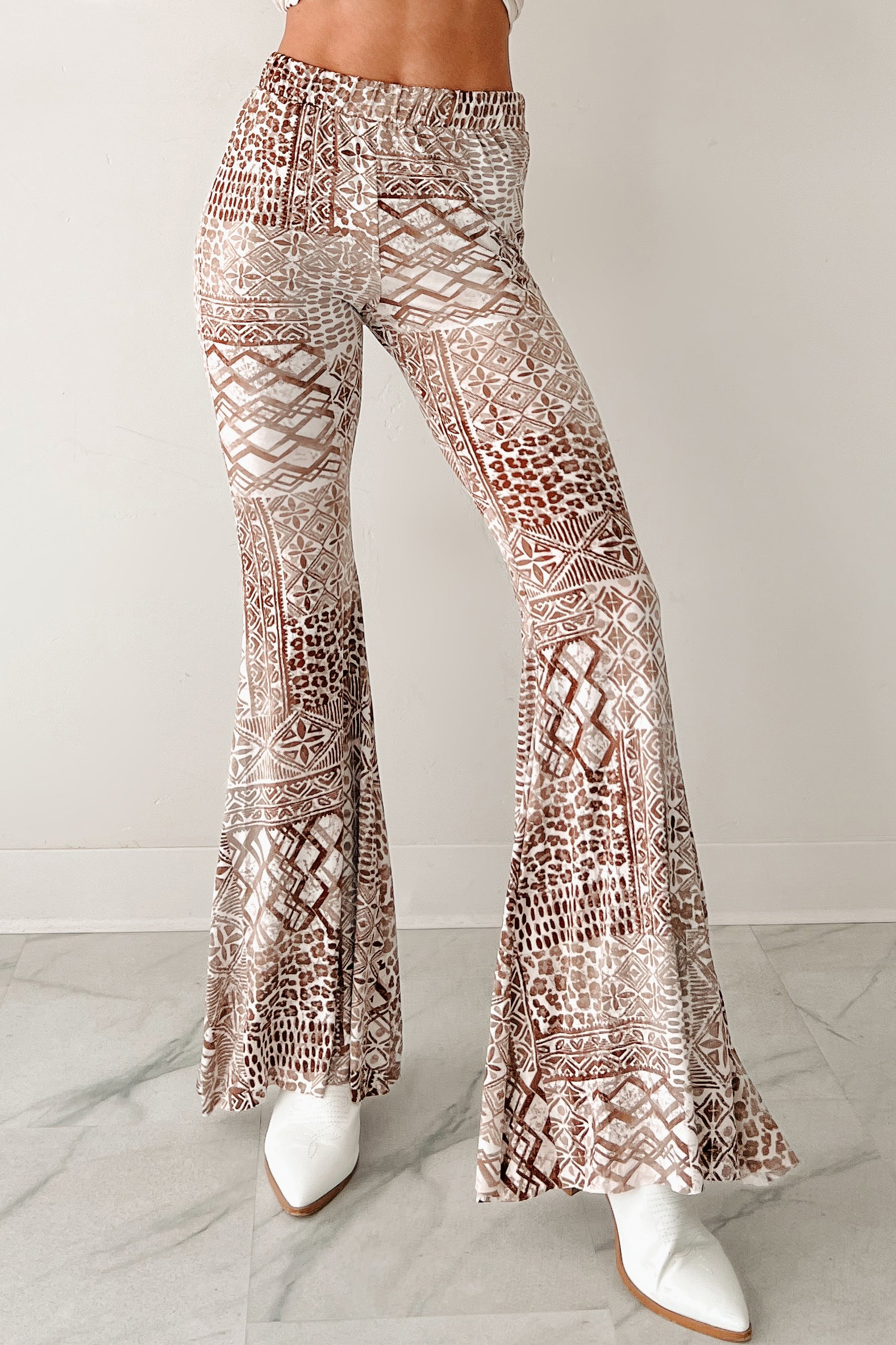 Cozy Bliss High Rise Flare Geometric Pants (Taupe)-The Formal Wear