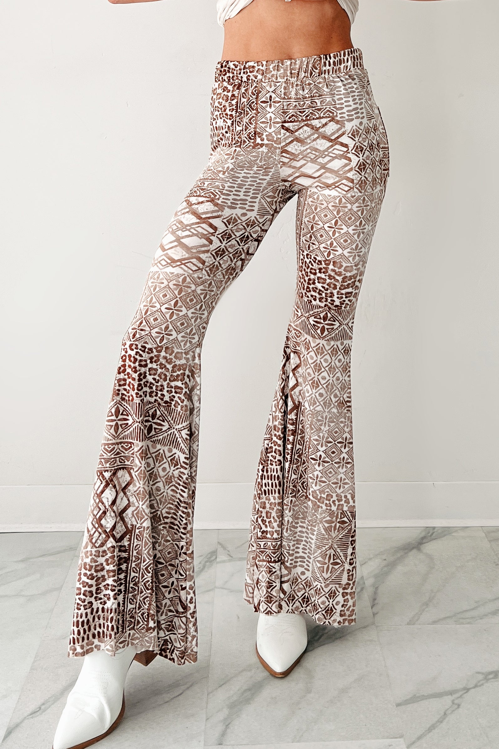 Cozy Bliss High Rise Flare Geometric Pants (Taupe)-The Formal Wear