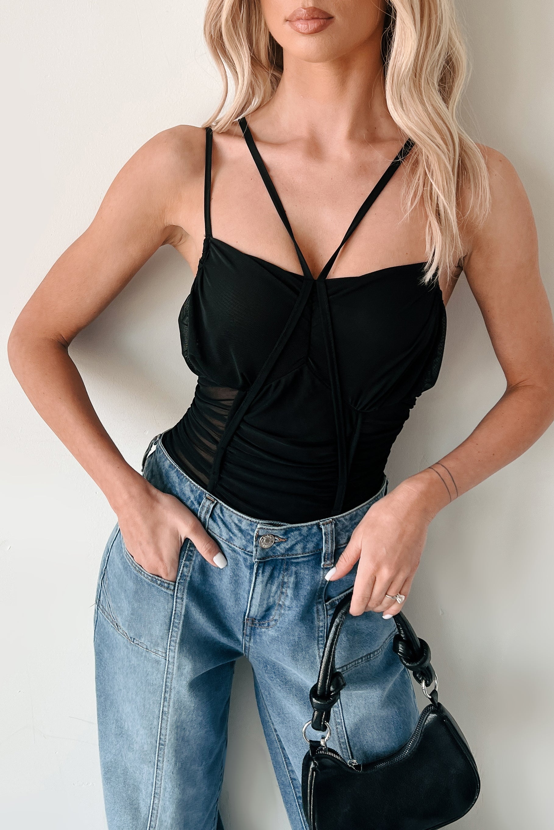 Wild & Weightless Ruched Mesh Bodysuit (Black)-The Formal Wear