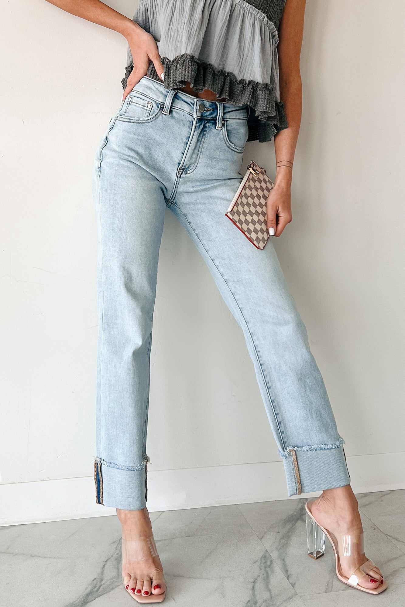 Aurora High Rise Straight Leg Cuffed Risen Jeans (Light)-The Formal Wear