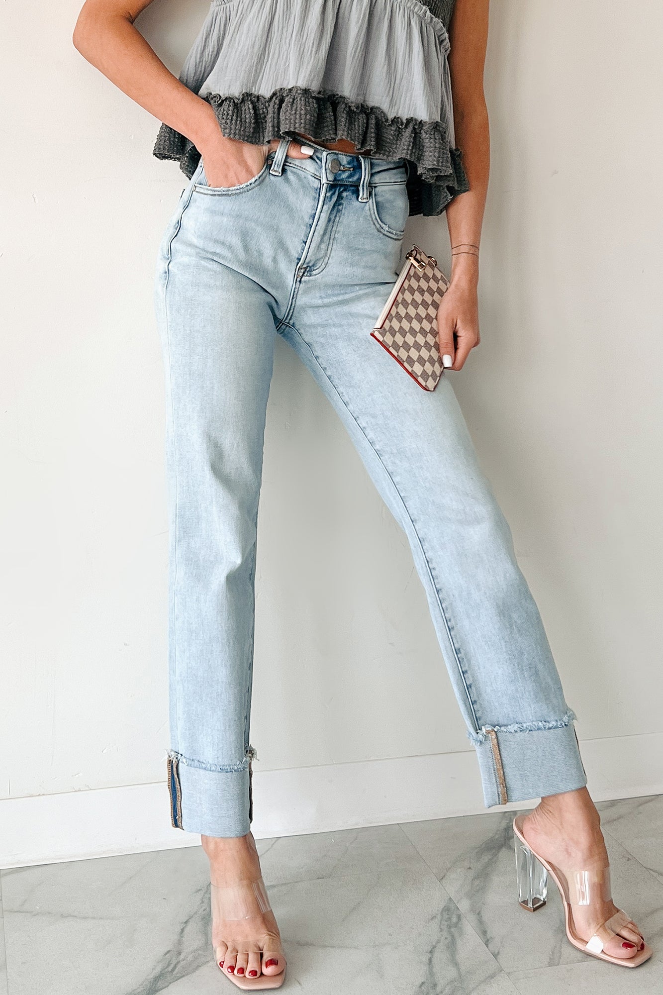 Aurora High Rise Straight Leg Cuffed Risen Jeans (Light)-The Formal Wear