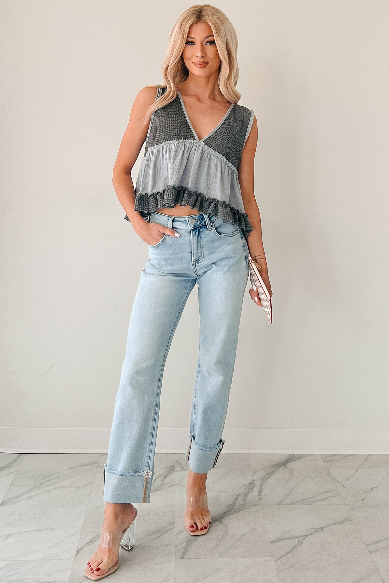 Aurora High Rise Straight Leg Cuffed Risen Jeans (Light)-The Formal Wear