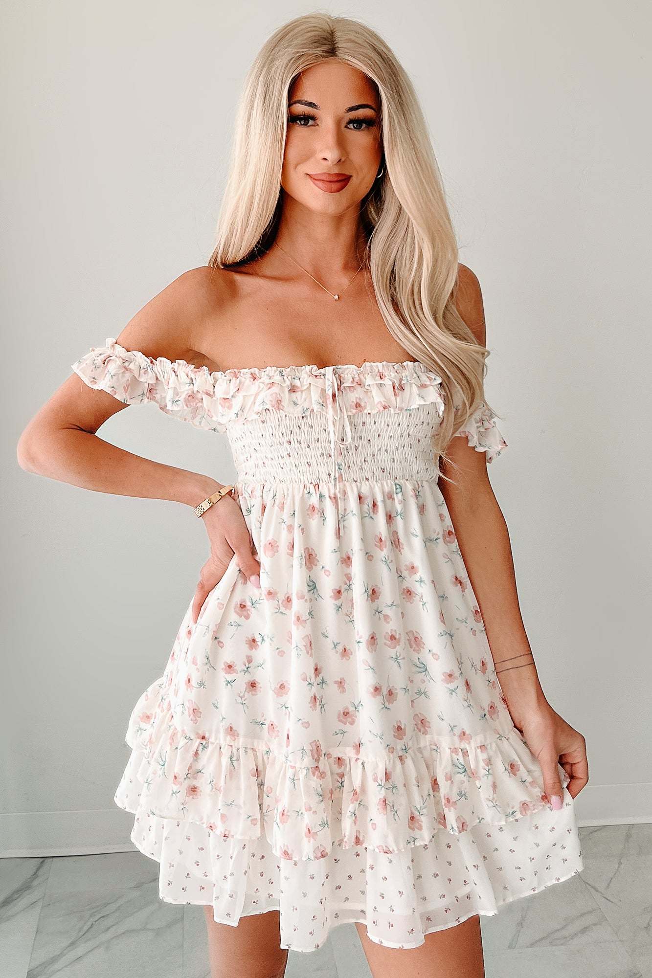 Becoming Her Off The Shoulder Floral Mini Dress (Cream)-The Formal Wear