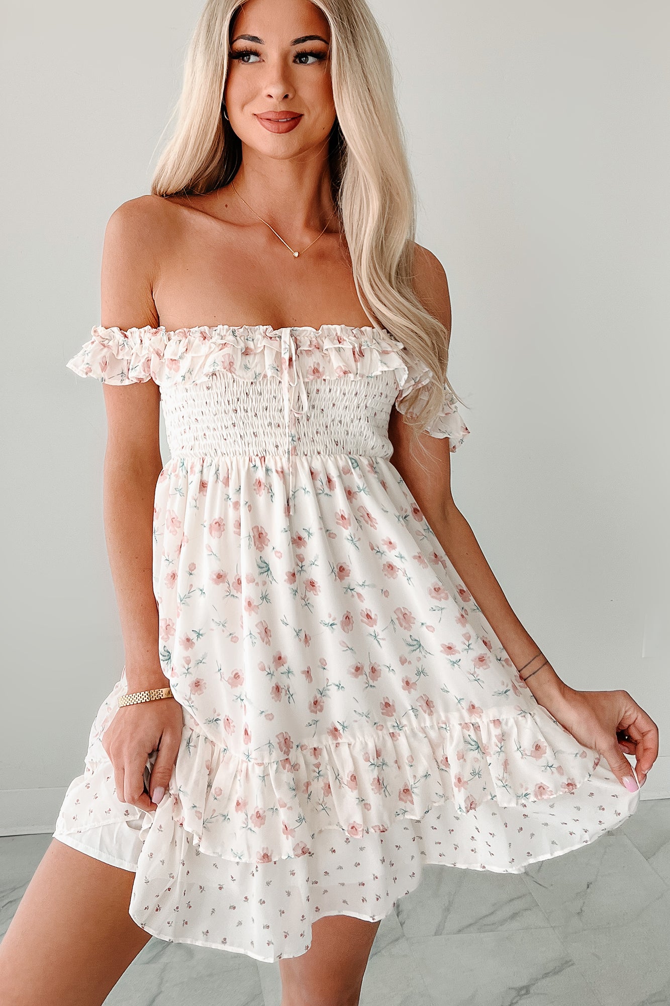 Becoming Her Off The Shoulder Floral Mini Dress (Cream)-The Formal Wear