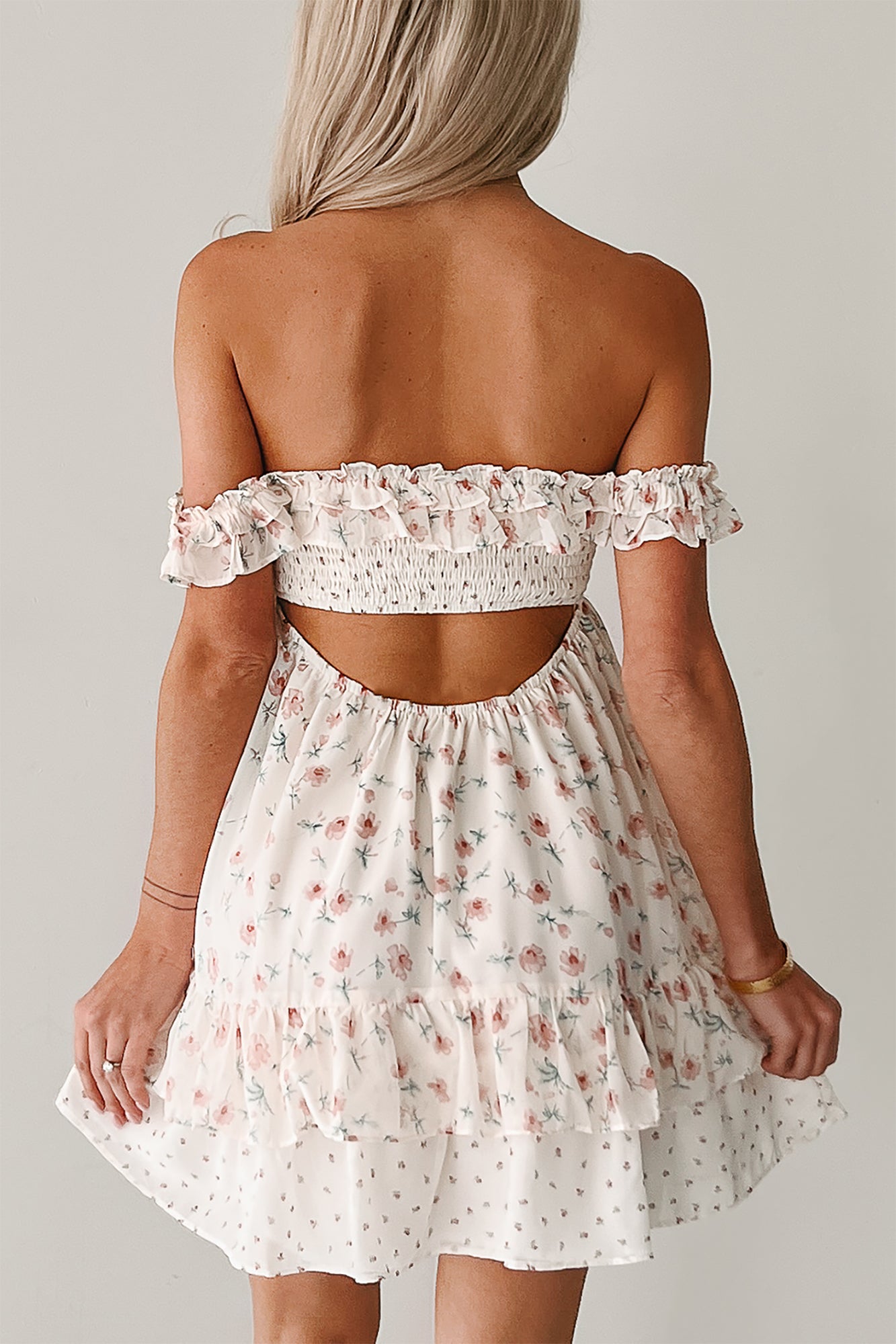 Becoming Her Off The Shoulder Floral Mini Dress (Cream)-The Formal Wear