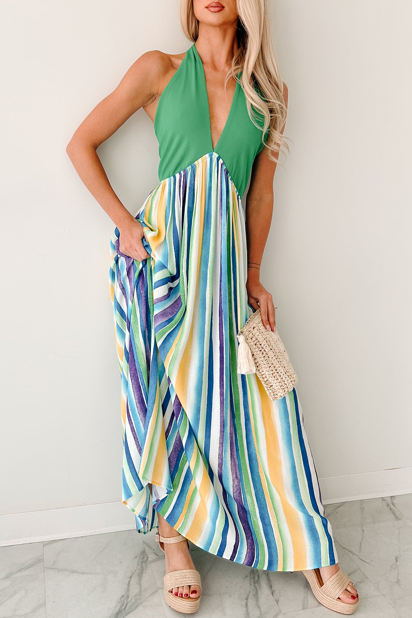 Beauty Awaits Striped Halter Maxi Dress (Green)-The Formal Wear