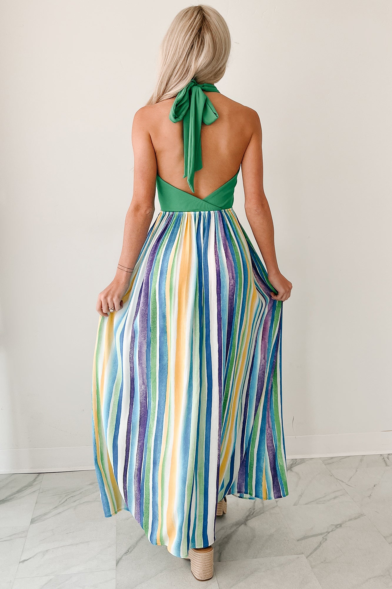 Beauty Awaits Striped Halter Maxi Dress (Green)-The Formal Wear