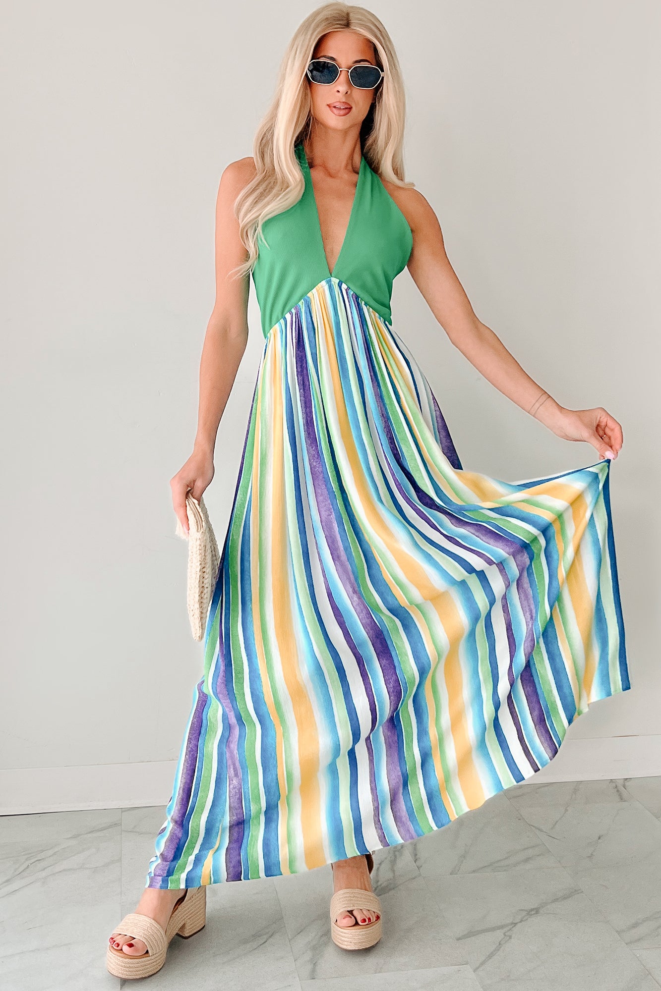 Beauty Awaits Striped Halter Maxi Dress (Green)-The Formal Wear