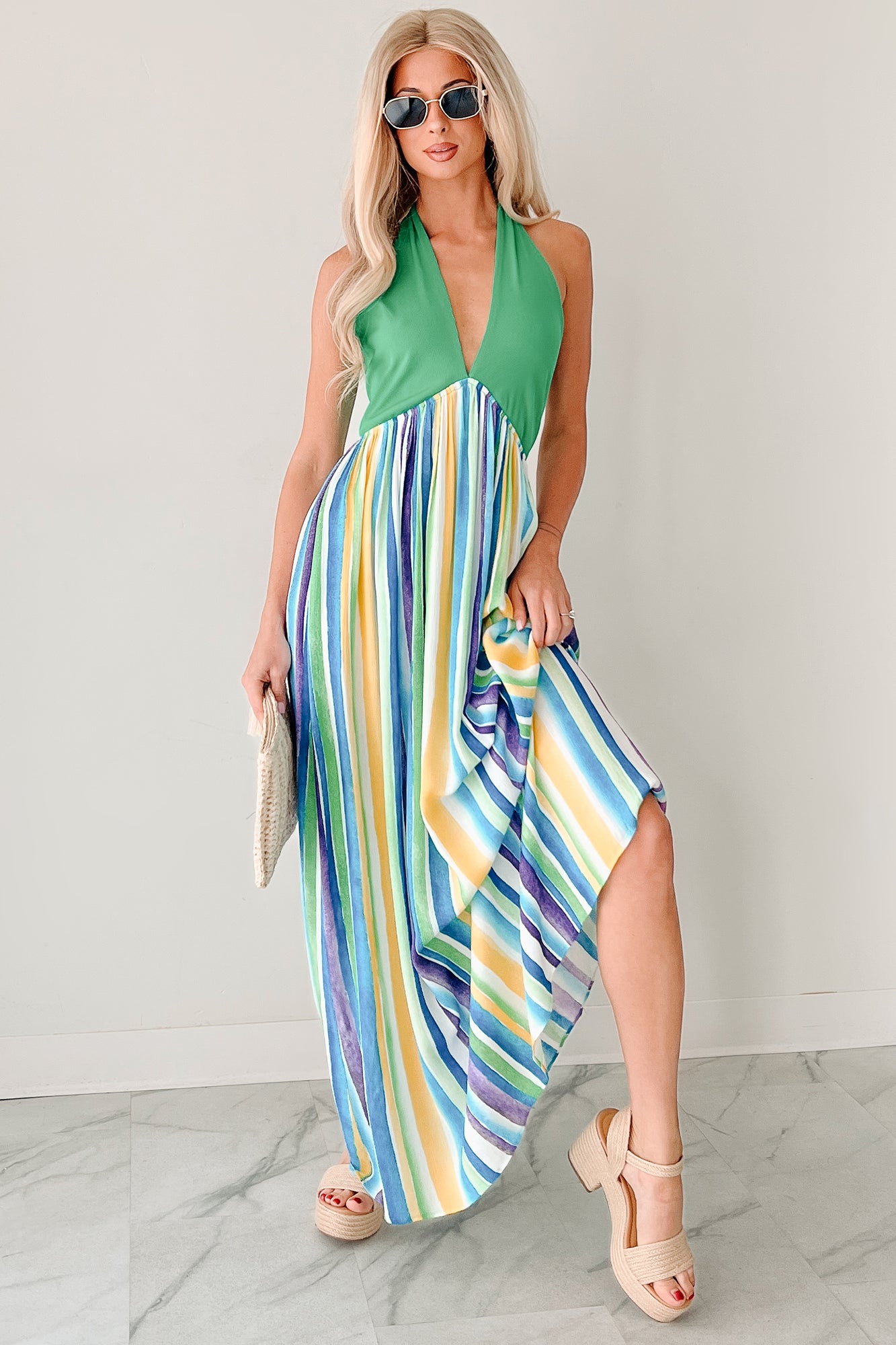 Beauty Awaits Striped Halter Maxi Dress (Green)-The Formal Wear