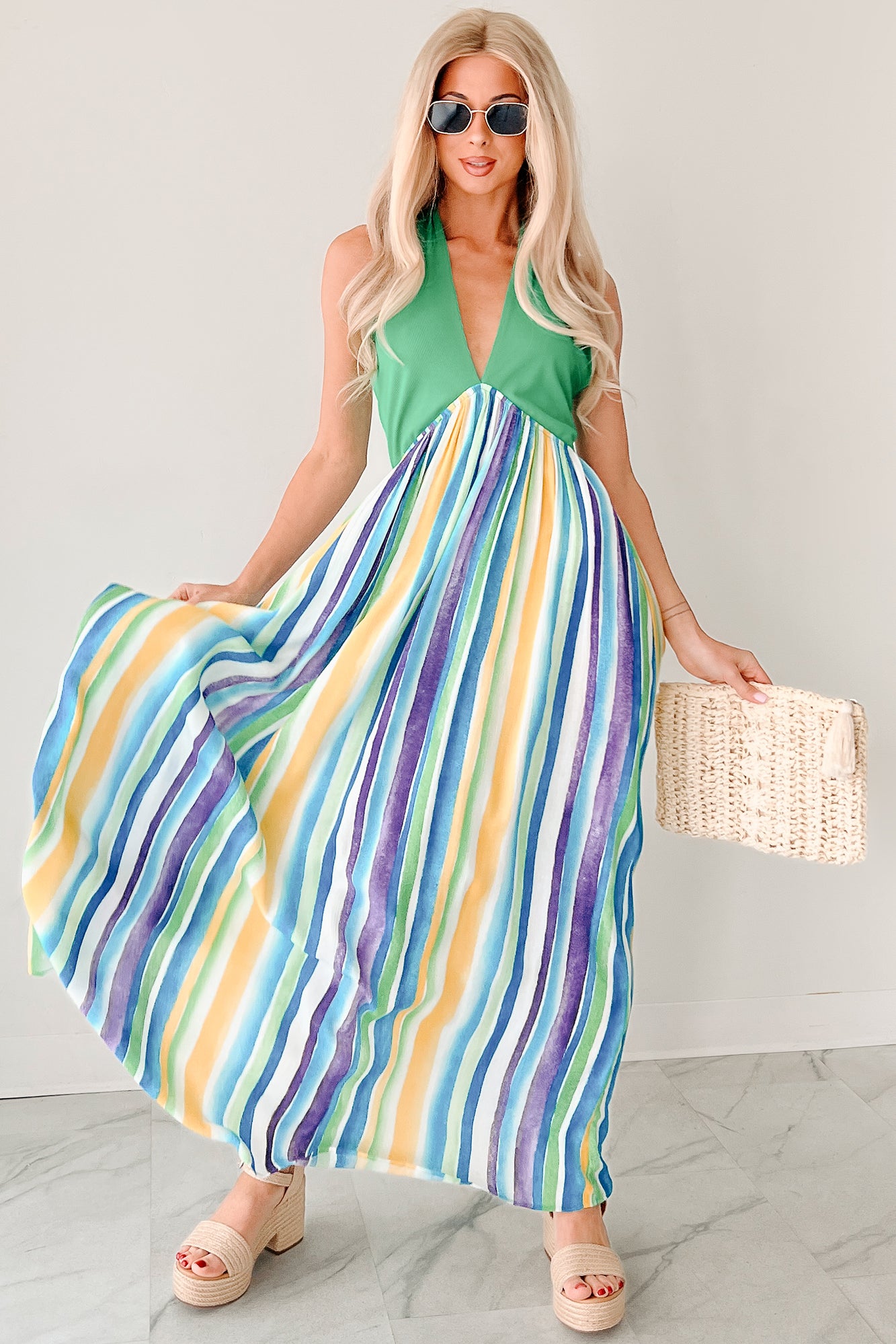 Beauty Awaits Striped Halter Maxi Dress (Green)-The Formal Wear