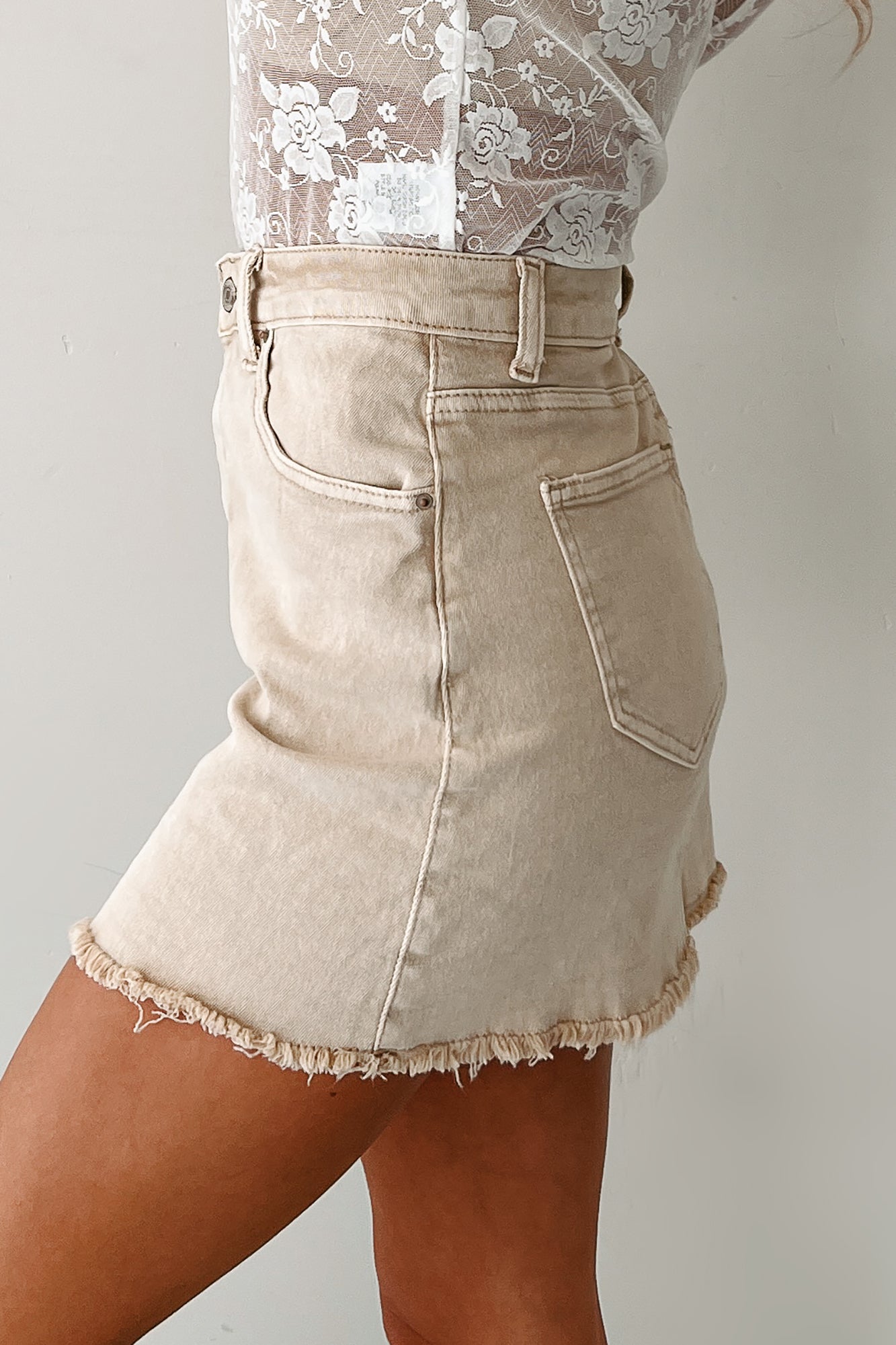 Feeling Social Zenana Denim Mini Skirt (Sand Beige)-The Formal Wear