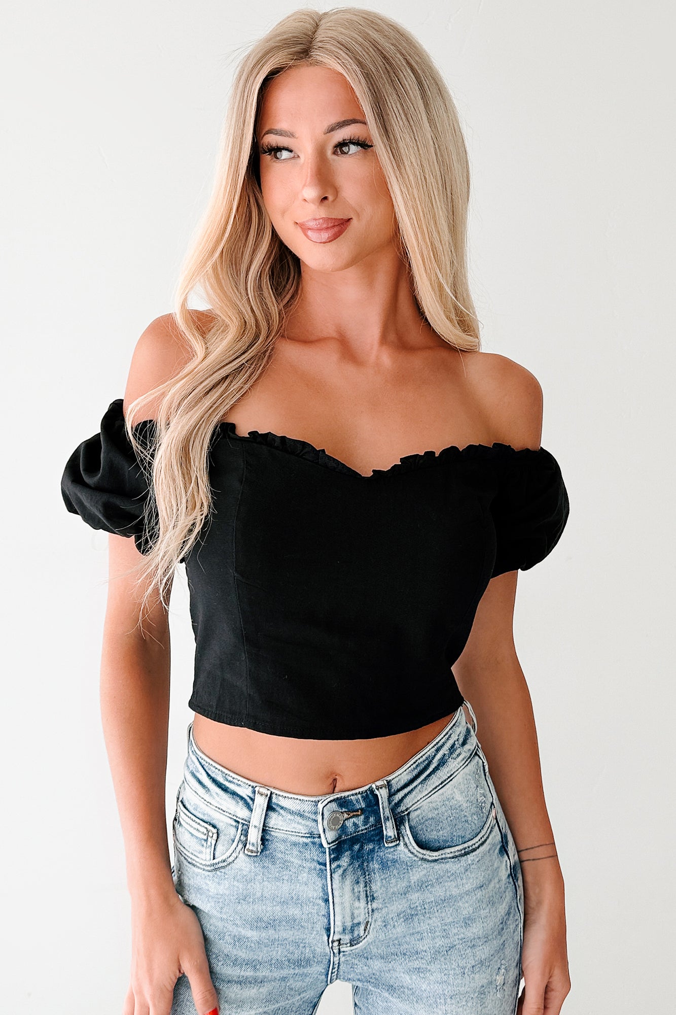 Call Me Cute Puff Sleeve Sweetheart Top (Black)-The Formal Wear