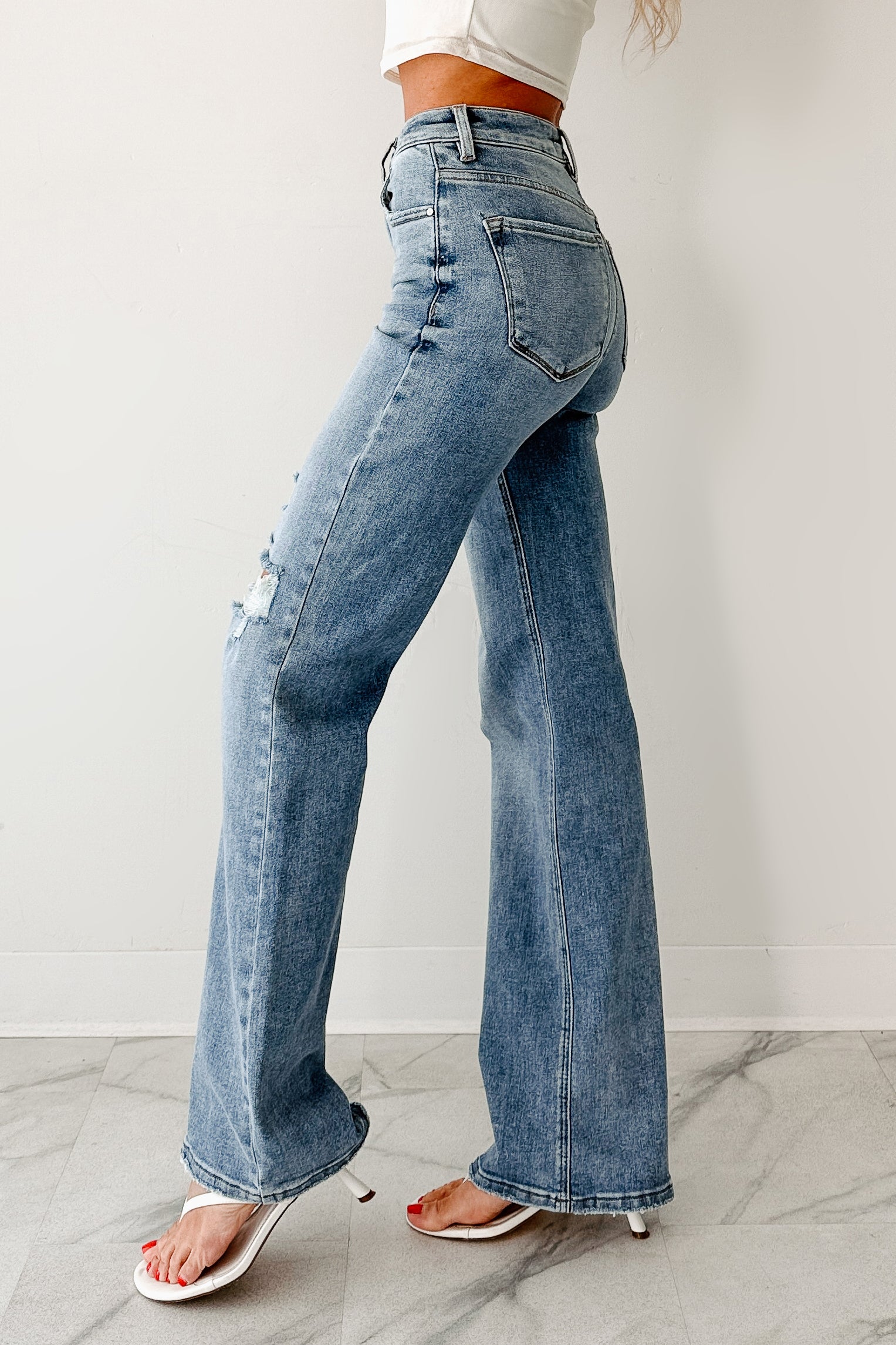 Dolly High Rise Straight Leg Distressed Risen Jeans (Medium)-The Formal Wear