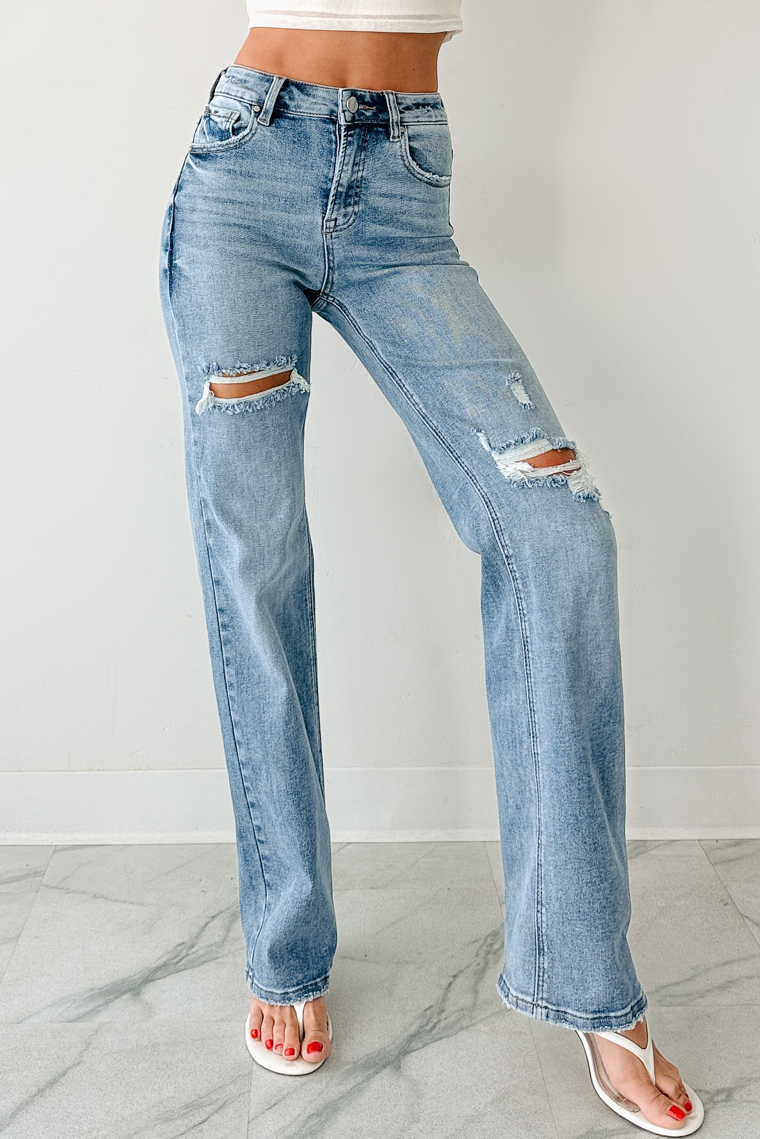 Dolly High Rise Straight Leg Distressed Risen Jeans (Medium)-The Formal Wear