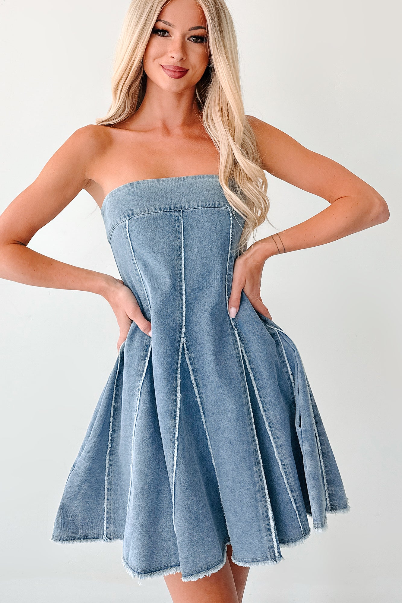 Dreamy & Driven Strapless Denim Mini Dress (Blue)-The Formal Wear