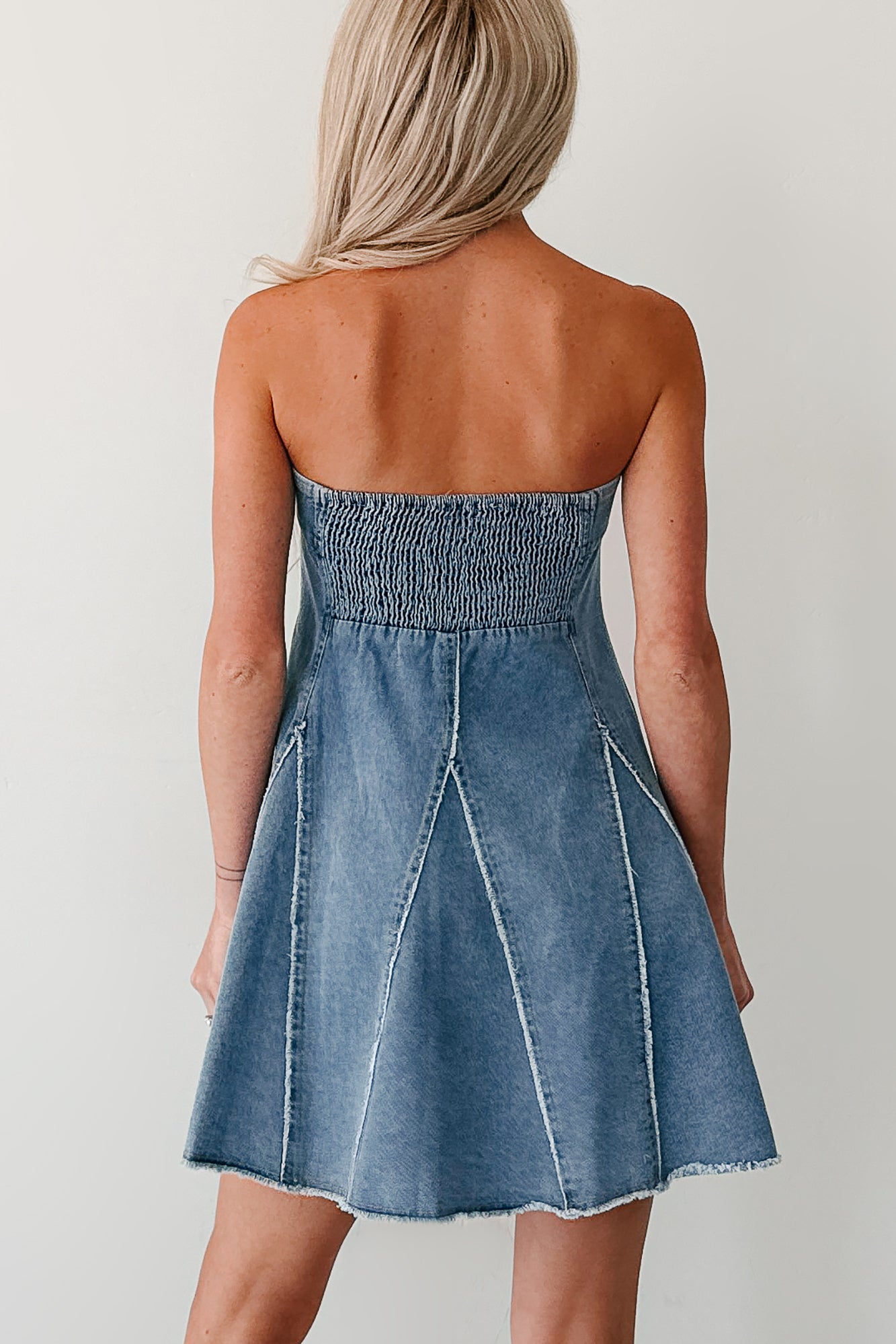 Dreamy & Driven Strapless Denim Mini Dress (Blue)-The Formal Wear