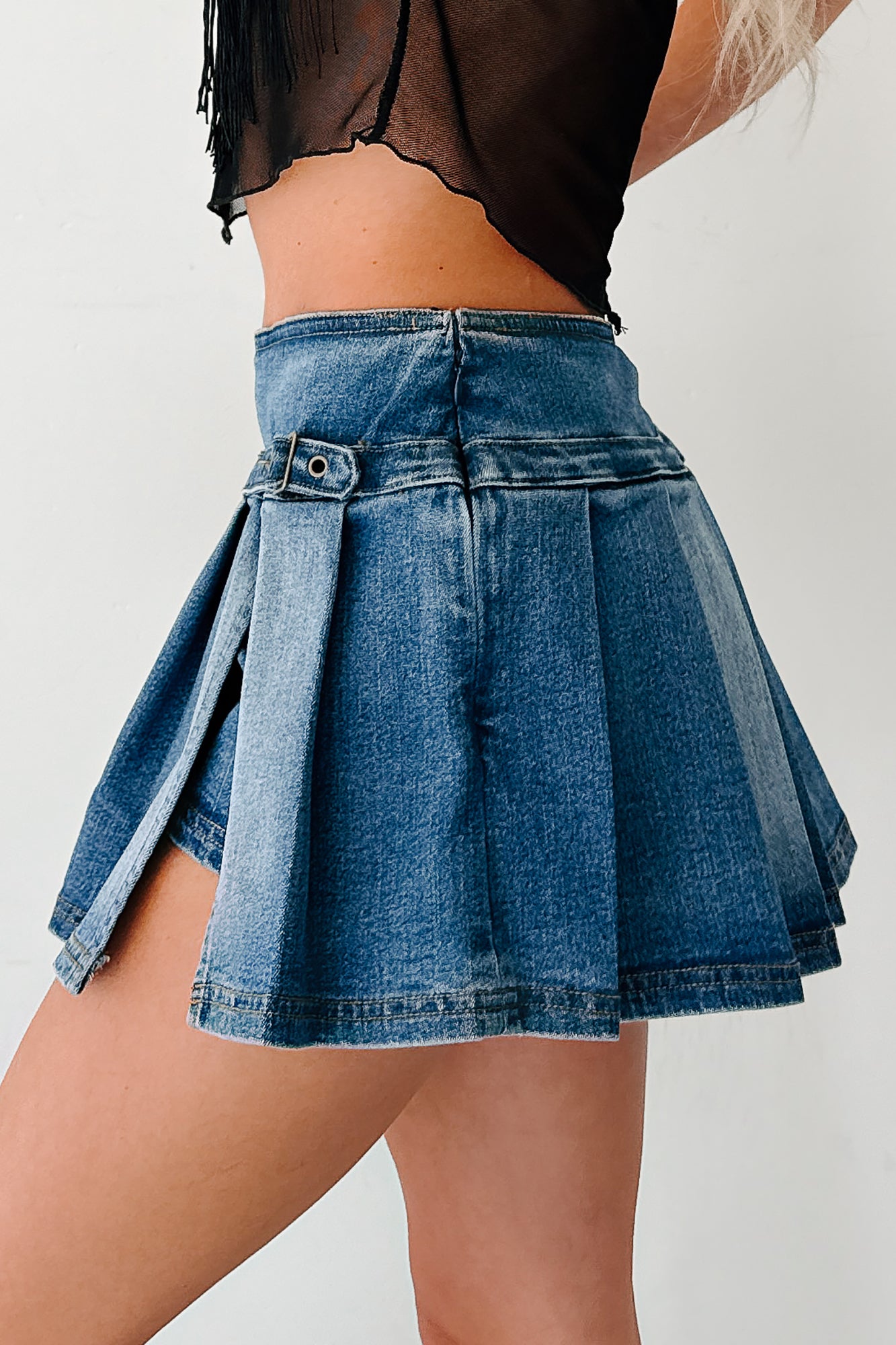I Miss Us Mid Rise Belted Mini Skort (Wash Denim)-The Formal Wear