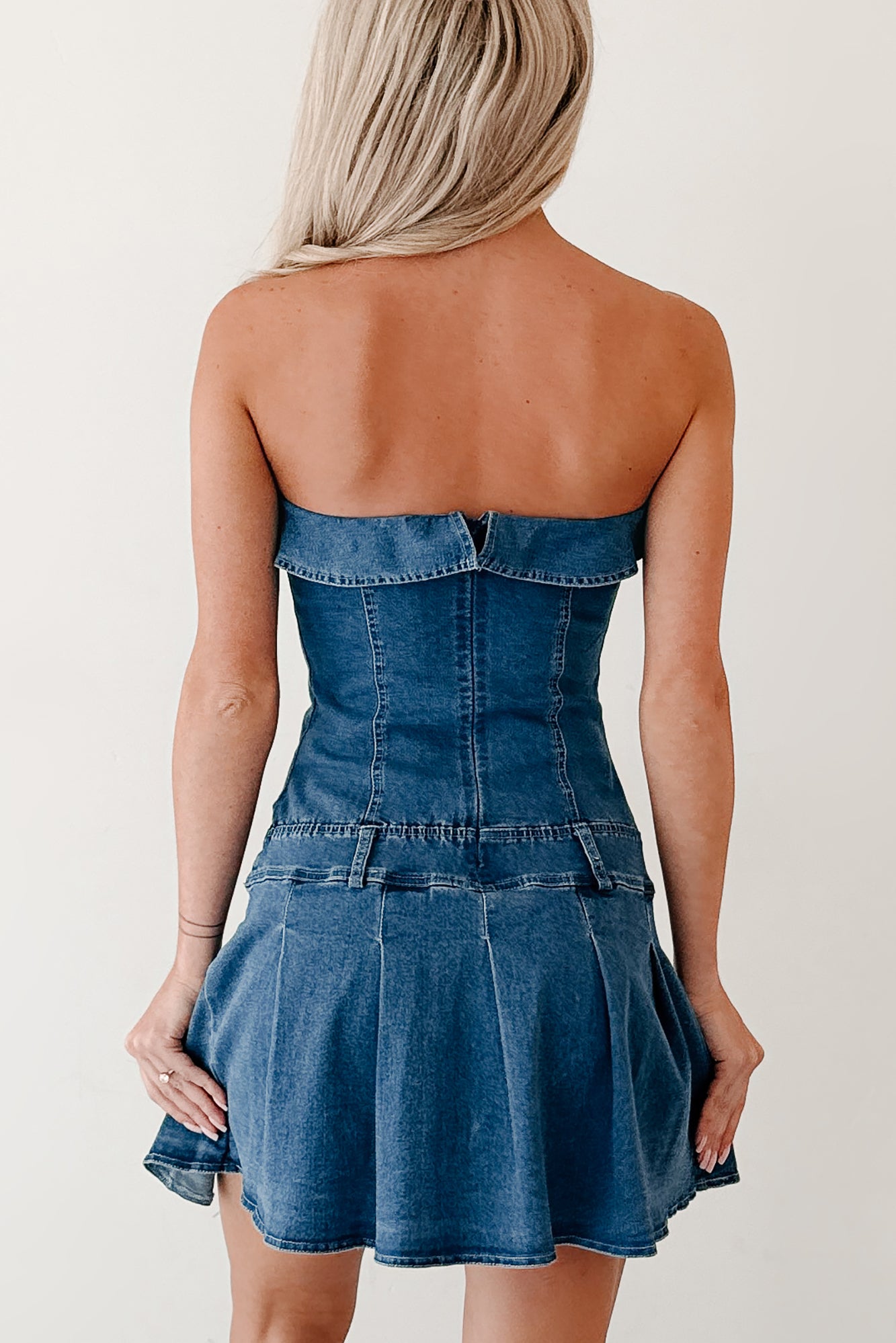 Work It Out Strapless Pleated Ruffle Mini Dress (Denim)-The Formal Wear